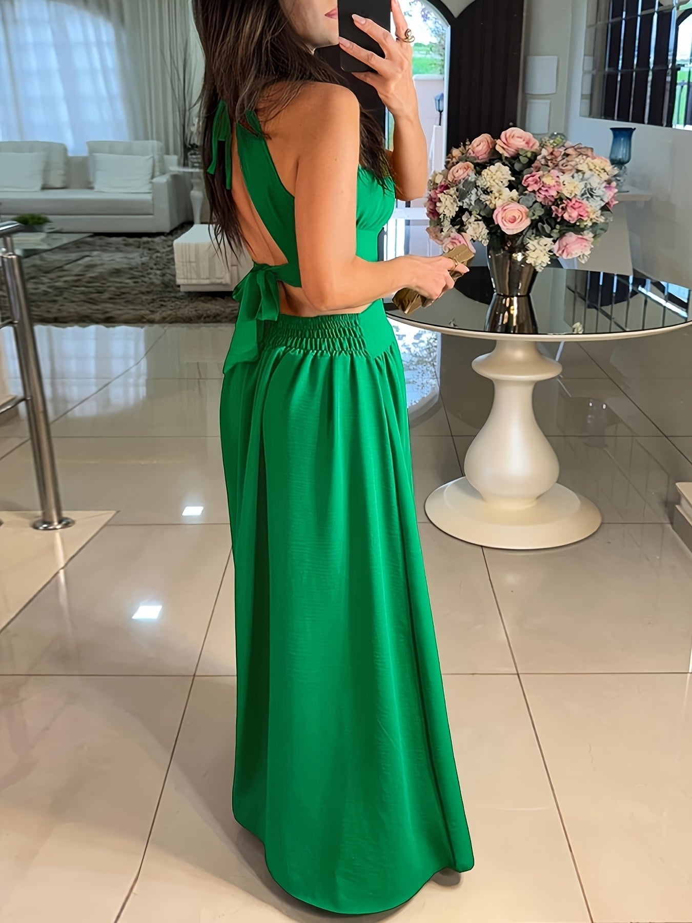 Elegant Off-Shoulder Green Maxi Dress with Cross-Tie Detail, Sleeveless Ruched Summer Dress for Women, Perfect for Parties and Formal Events, Party Evening Wear | Smooth Glossy Fabric