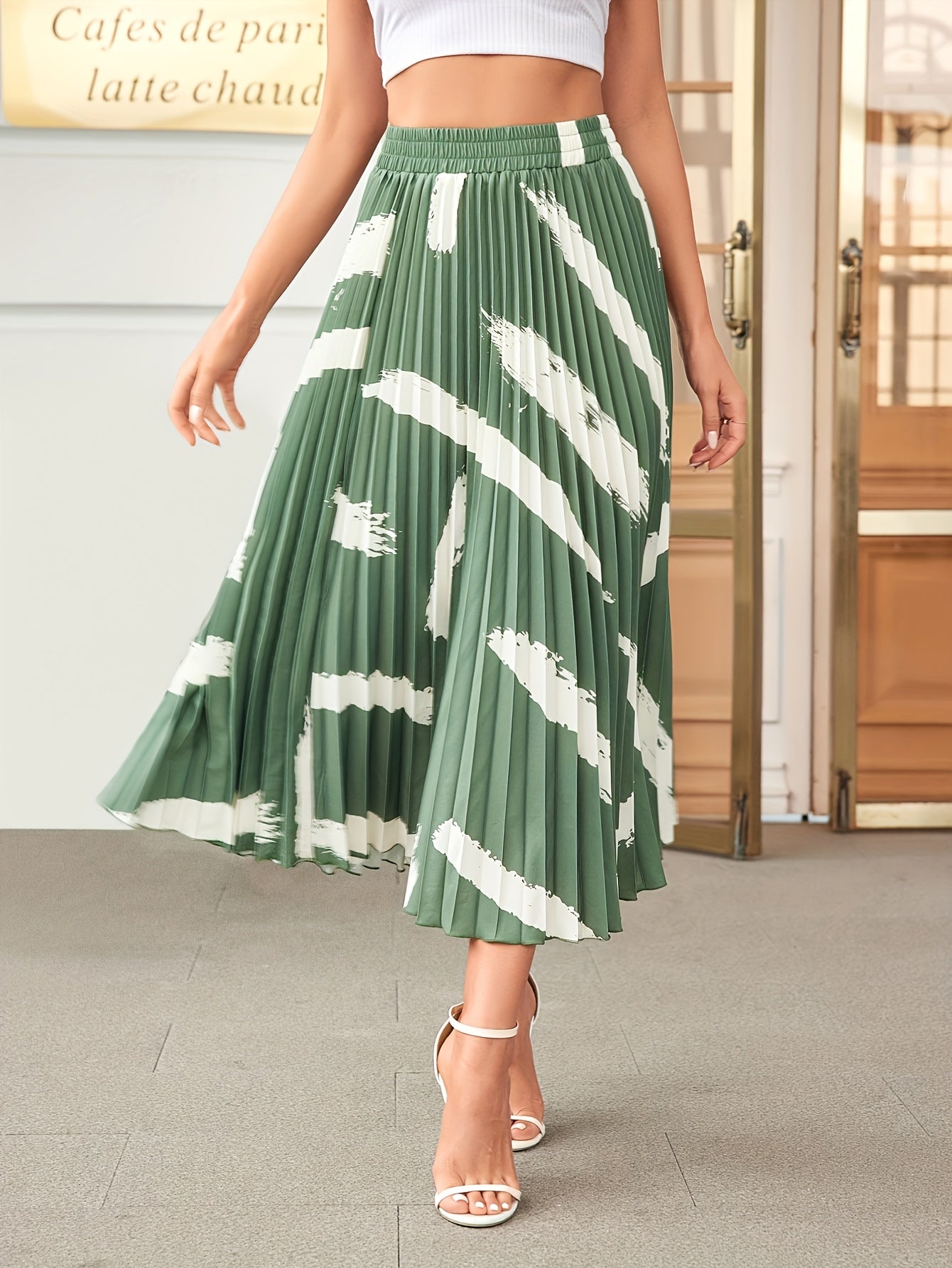 Women'S Elegant Flared Pleated Maxi Dress, All Over Print, Polyester, Regular Length, Loose Fit, for Spring, Summer, Fall