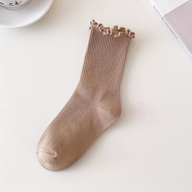 6 Pairs Women's Solid Color Mid-Calf Socks with Ruffled Trim - Soft Stackable Ribbed Texture, 6 Neutral Tones for Casual & Formal Outfits, Comfortable Casual Attire, Cute Socks, Elegant Sock Design