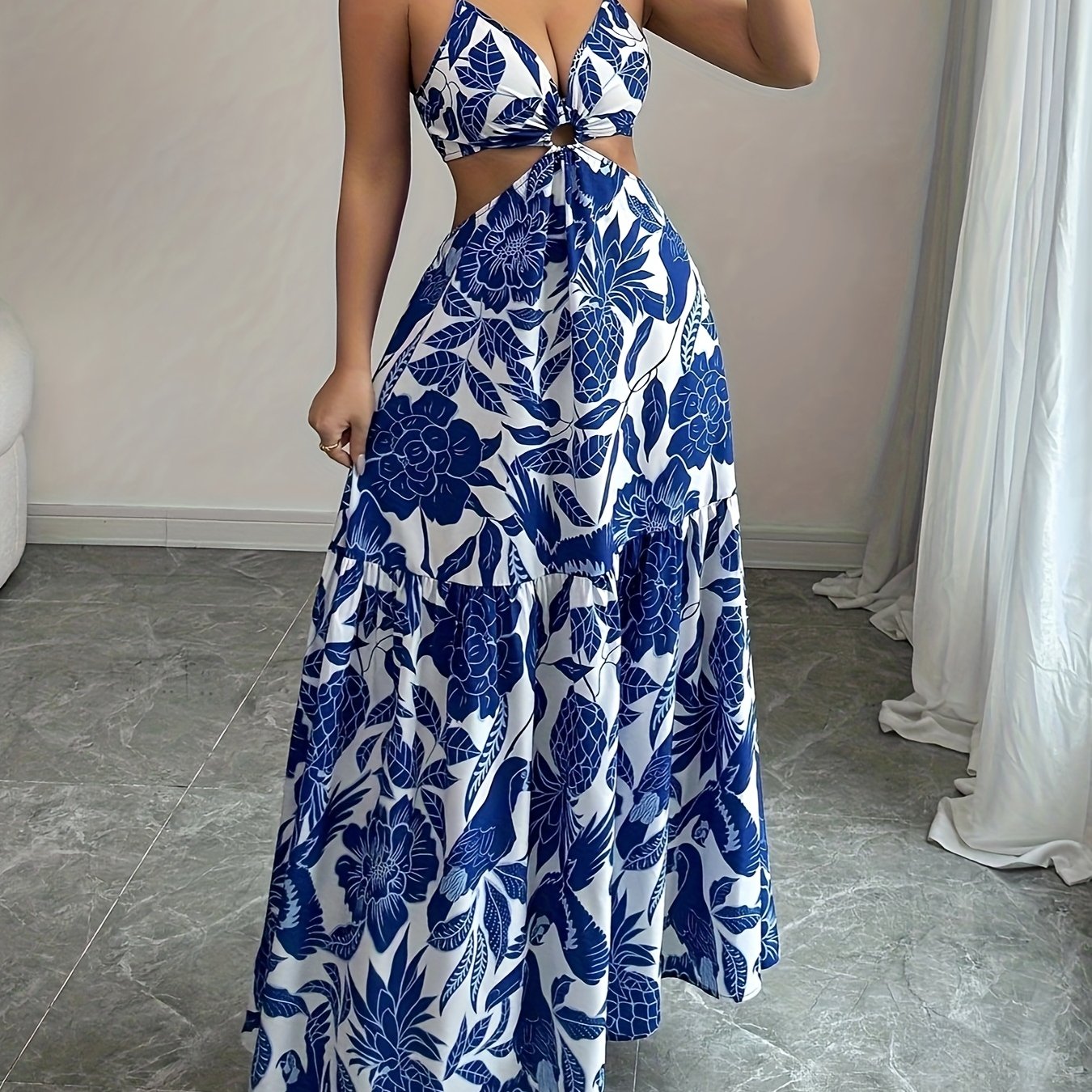 Women's Floral Print Sleeveless Maxi Dress - Blue & White Tropical Design, V-Neck with Front Cutout, A-Line Silhouette, Perfect for Beach, Seaside, and Party Wear, Beach Fashion | Flowy Skirt, Beach Dress