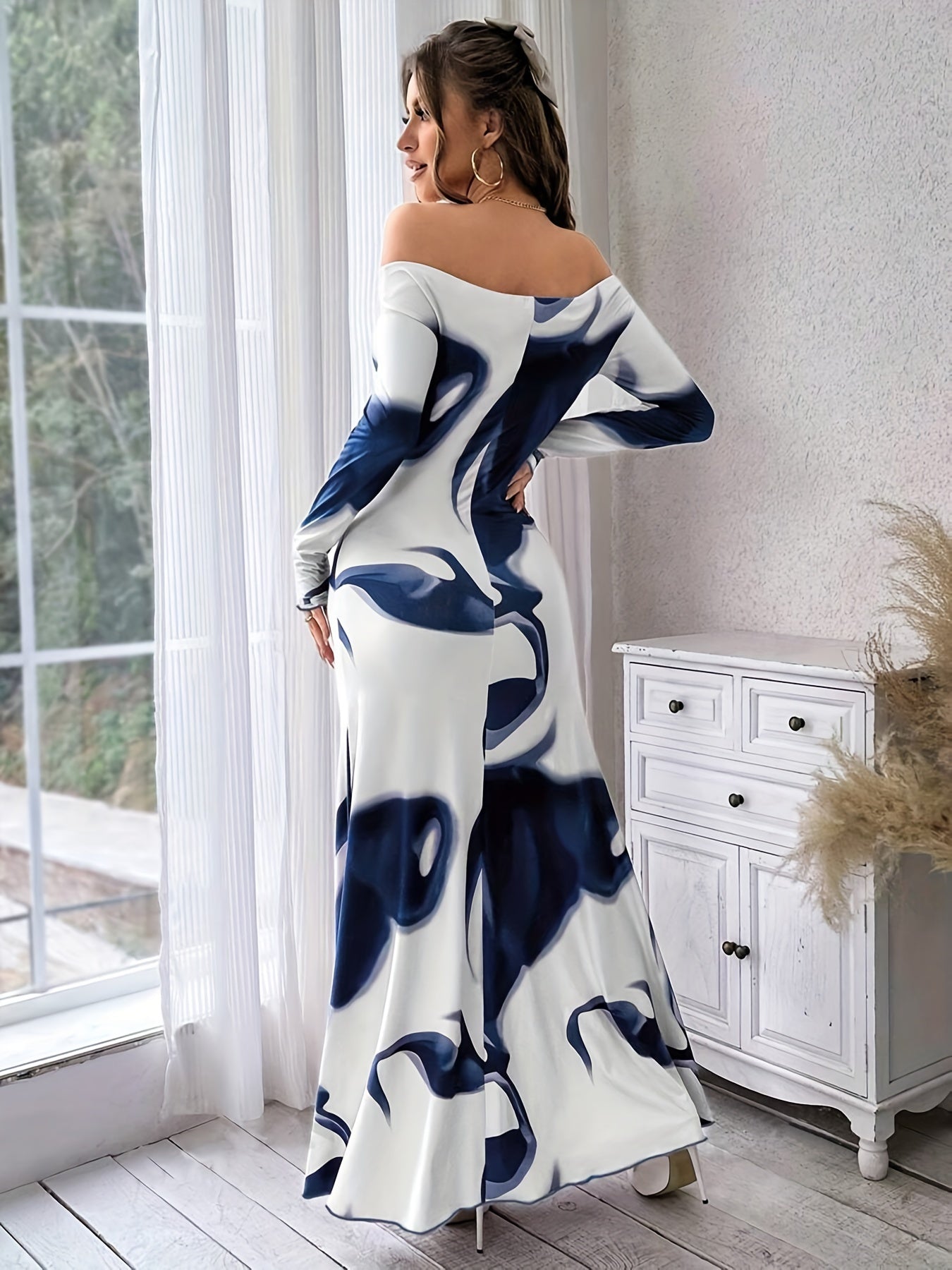 Elegant Off-Shoulder Camo Print Maxi Dress for Women - Chic Long Sleeve, Ruched Waist, Mermaid Silhouette, Polyester Blend, Perfect for Spring/Fall Events