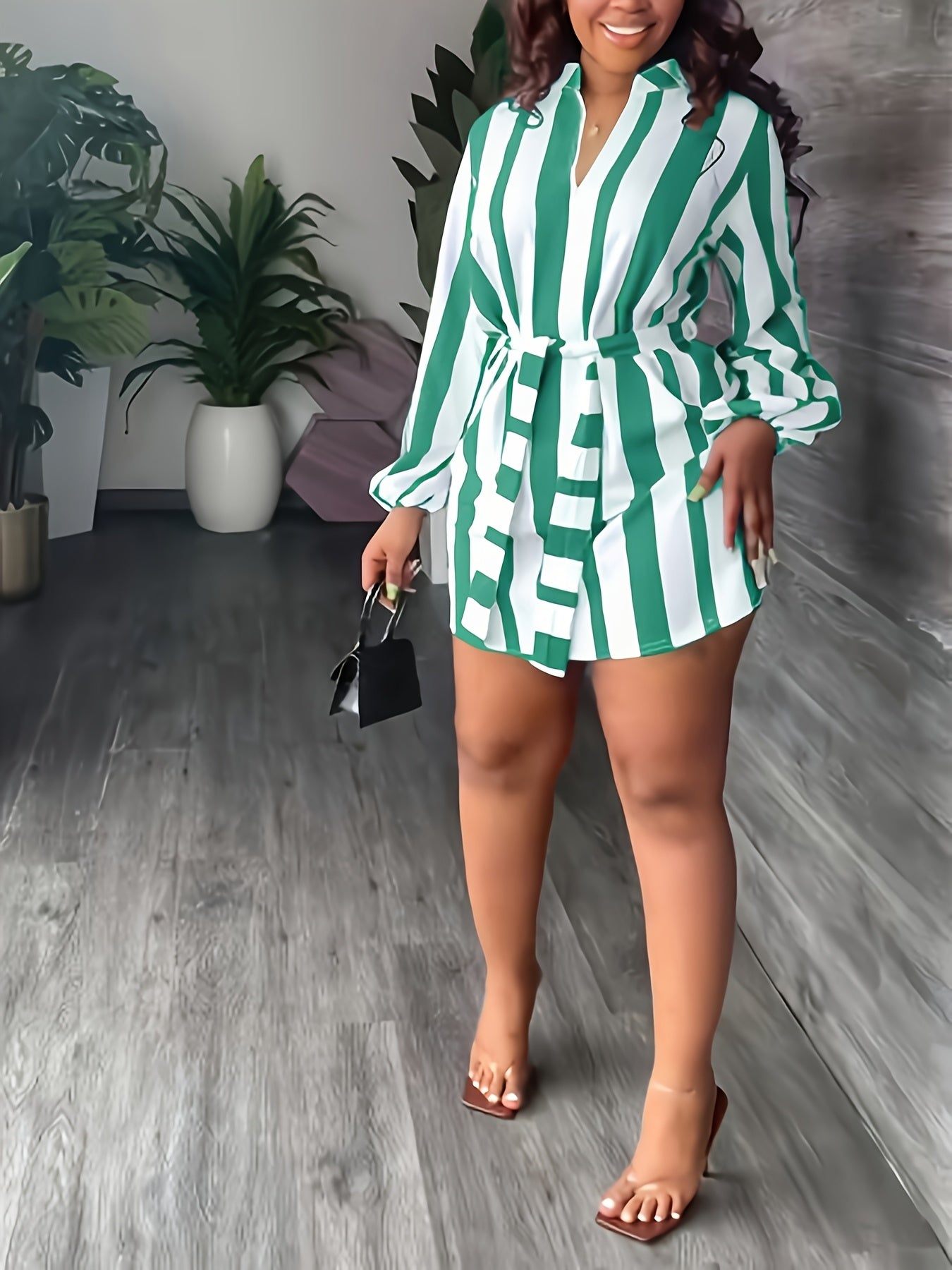 Chic Green & White Striped V-Neck Dress - Casual Long Sleeve A-Line Mini with Tie Waist Detail, Easy Care Polyester Blend, Perfect for Spring/Fall Fashion