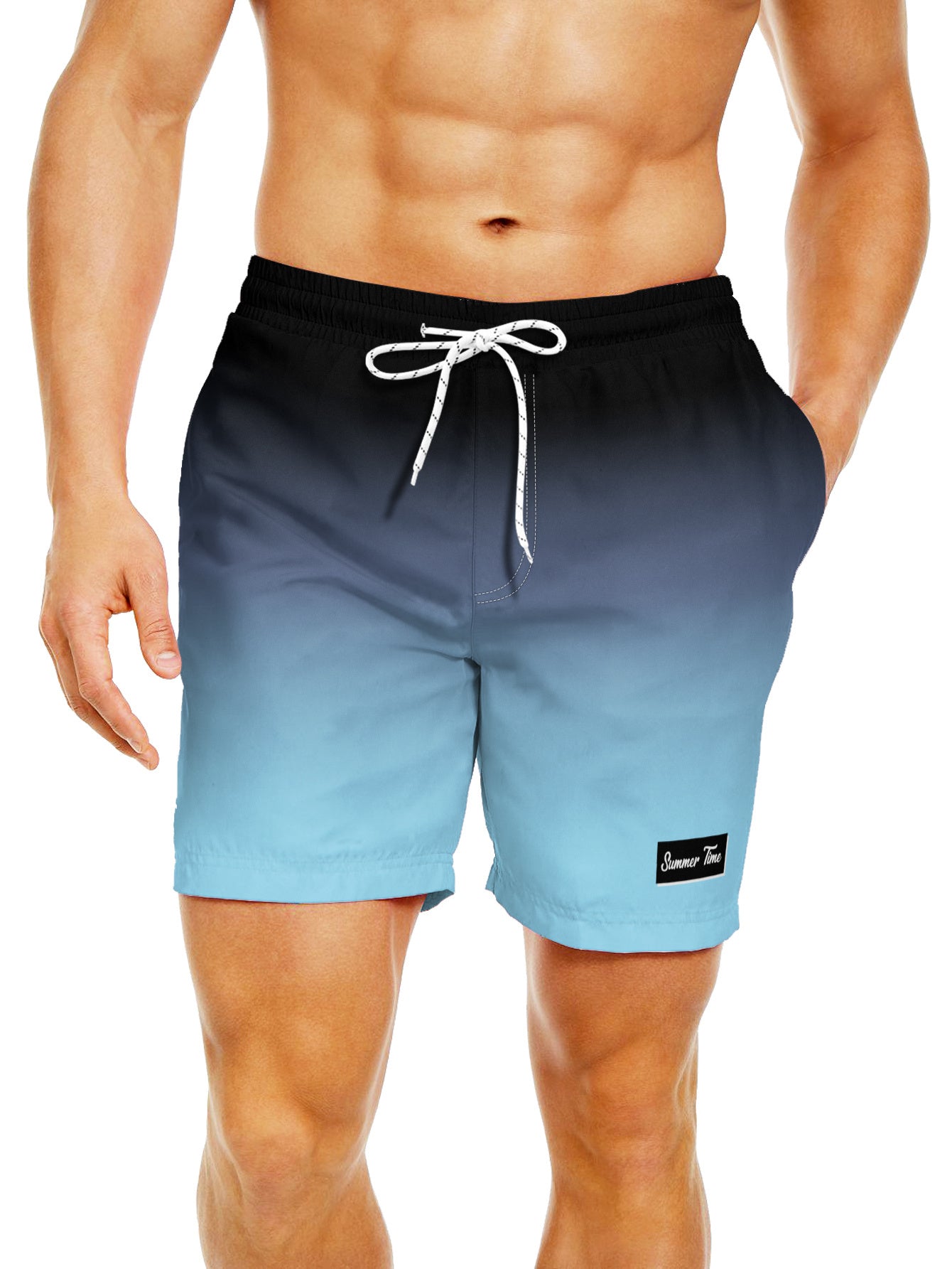 Men'S Fashion Drawstring Beach Shorts with Pockets - Casual Striped & Solid Color Block Design, Non-Stretch Fabric, Perfect for Pool Parties & Vacation