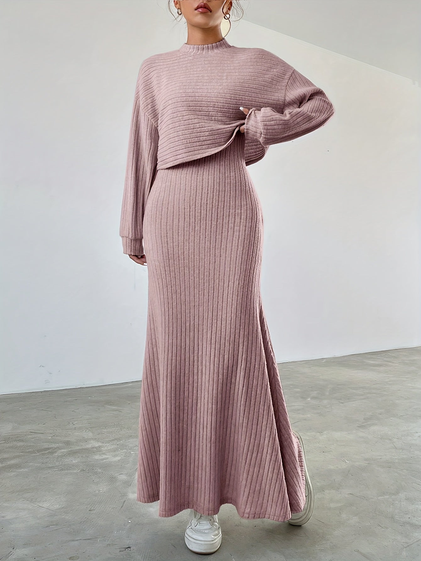 Elegant Ribbed Dress Set - Women's Dress Suits with Crew Neck Long Sleeve Top & Maxi Tank Dress Outfits, Soft Solid Color, Comfortable, Versatile, and Chic Clothing for Everyday Wear