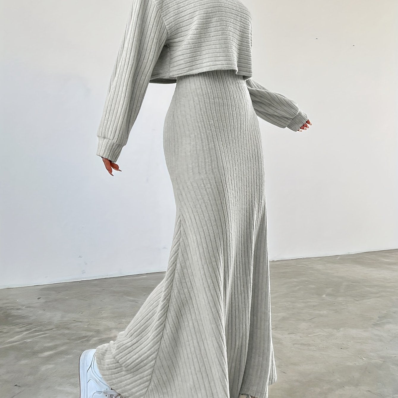 Elegant Ribbed Dress Set - Women's Dress Suits with Crew Neck Long Sleeve Top & Maxi Tank Dress Outfits, Soft Solid Color, Comfortable, Versatile, and Chic Clothing for Everyday Wear
