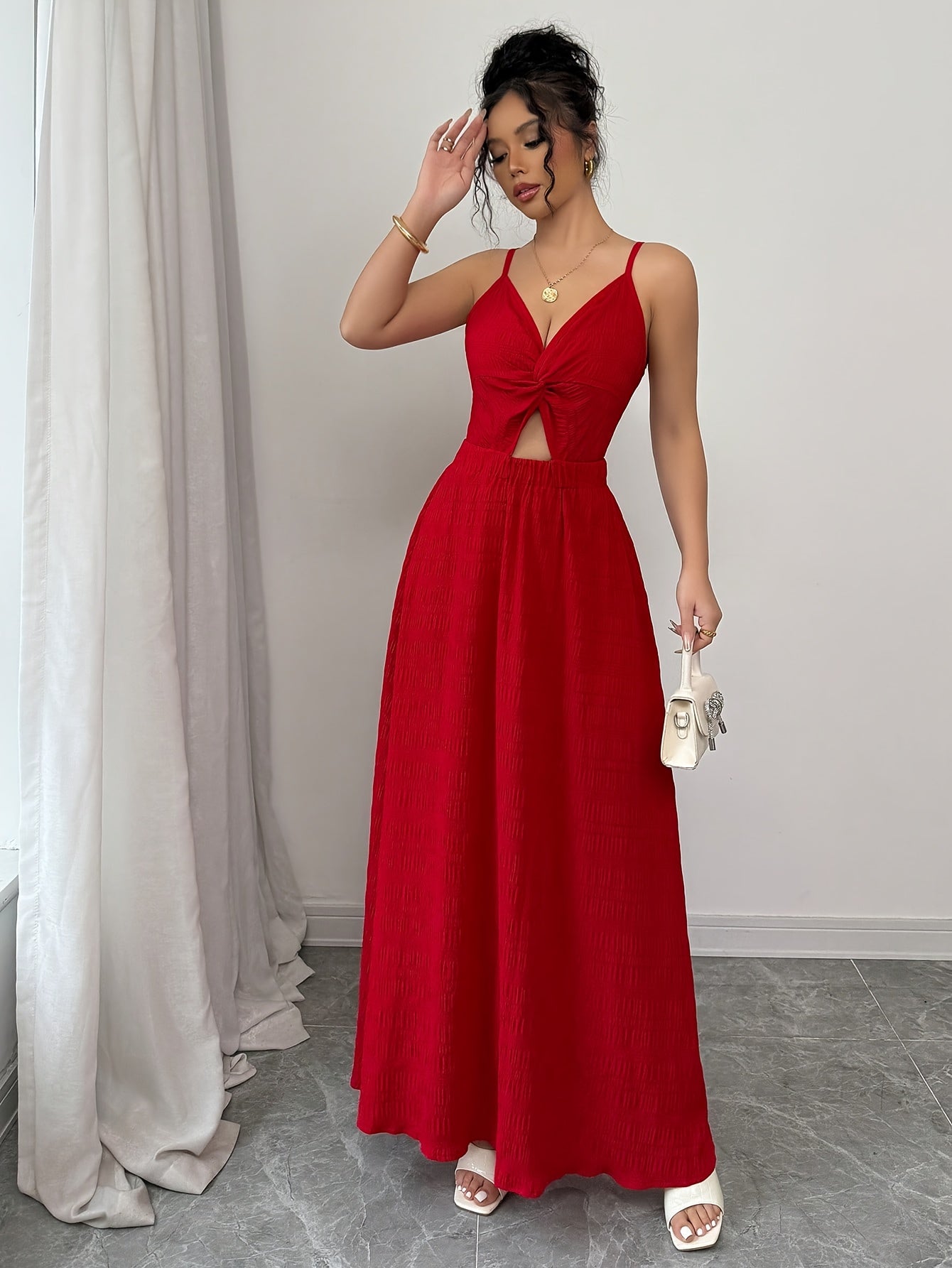 Elegant Red Halter Neck Maxi Dress with V-Neckline and Tie-Up Detail - Perfect for Spring/Summer, Adult, Elegant Attire|Vneckline Dress|Strapless Design