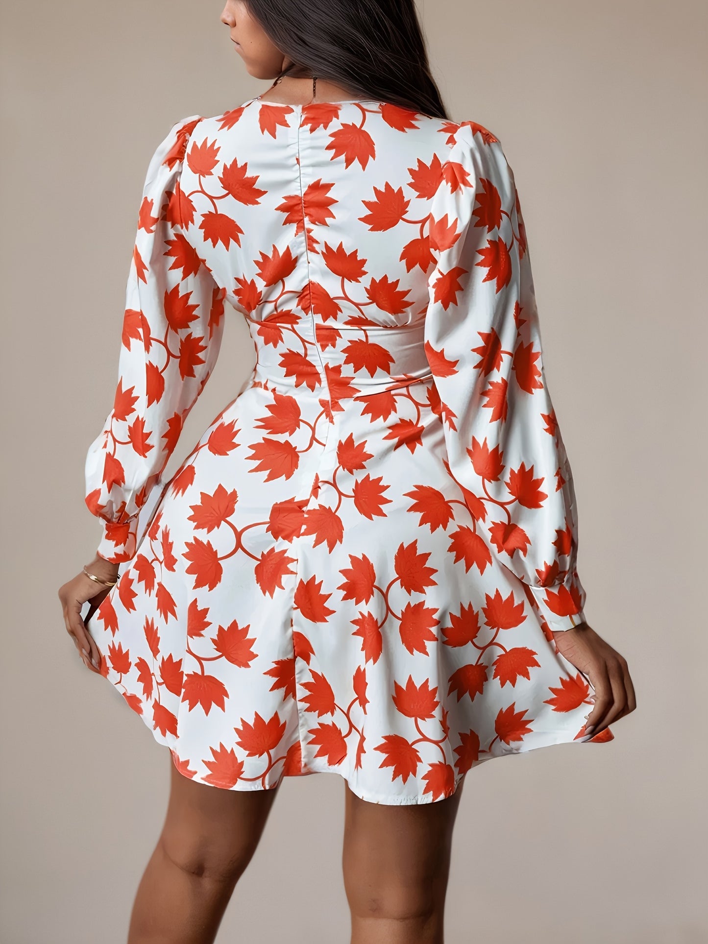 Sweet and Stylish Dress Deep V-Neck Floral Print Mini A-Line Women's Summer Long Sleeve Outfit