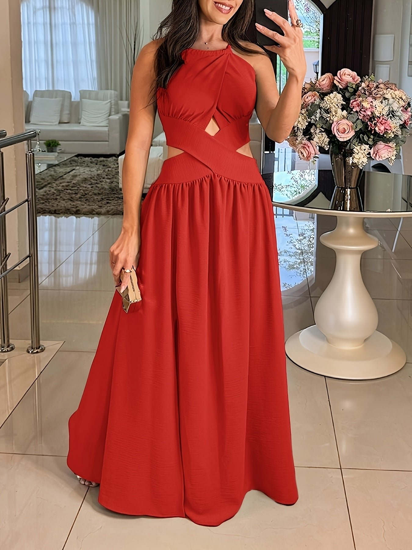 Elegant Off-Shoulder Green Maxi Dress with Cross-Tie Detail, Sleeveless Ruched Summer Dress for Women, Perfect for Parties and Formal Events, Party Evening Wear | Smooth Glossy Fabric