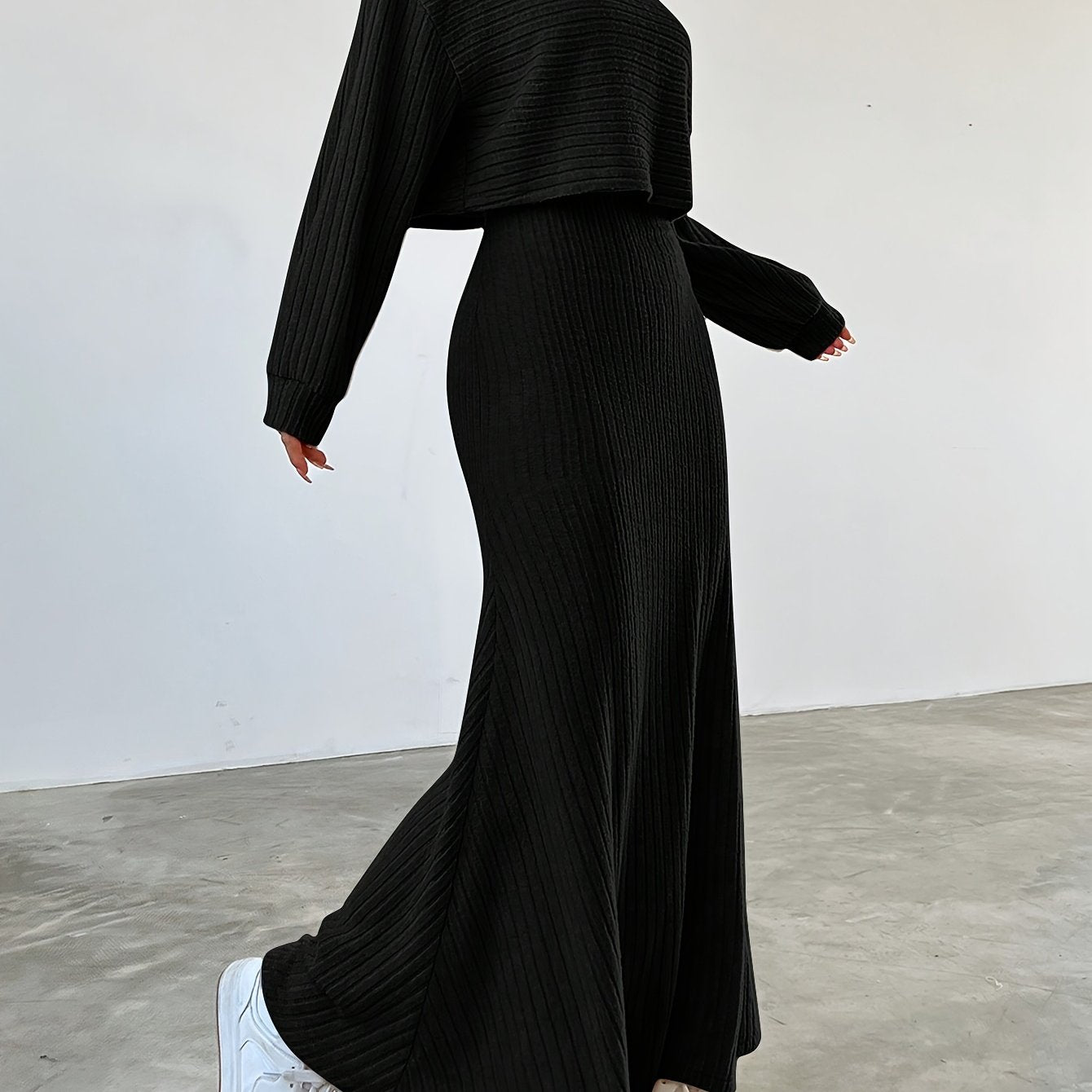Elegant Ribbed Dress Set - Women's Dress Suits with Crew Neck Long Sleeve Top & Maxi Tank Dress Outfits, Soft Solid Color, Comfortable, Versatile, and Chic Clothing for Everyday Wear
