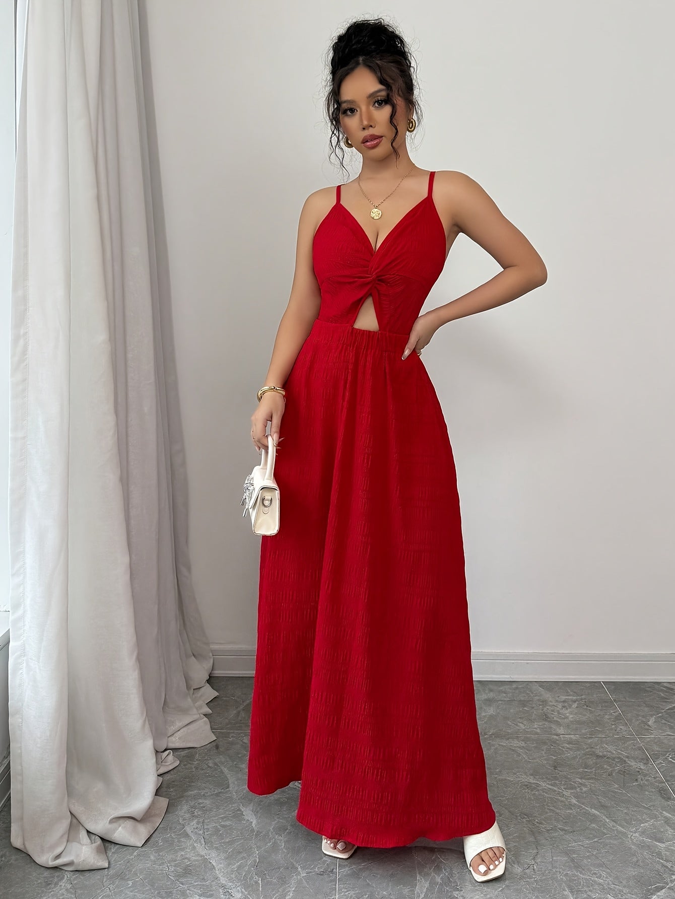 Elegant Red Halter Neck Maxi Dress with V-Neckline and Tie-Up Detail - Perfect for Spring/Summer, Adult, Elegant Attire|Vneckline Dress|Strapless Design