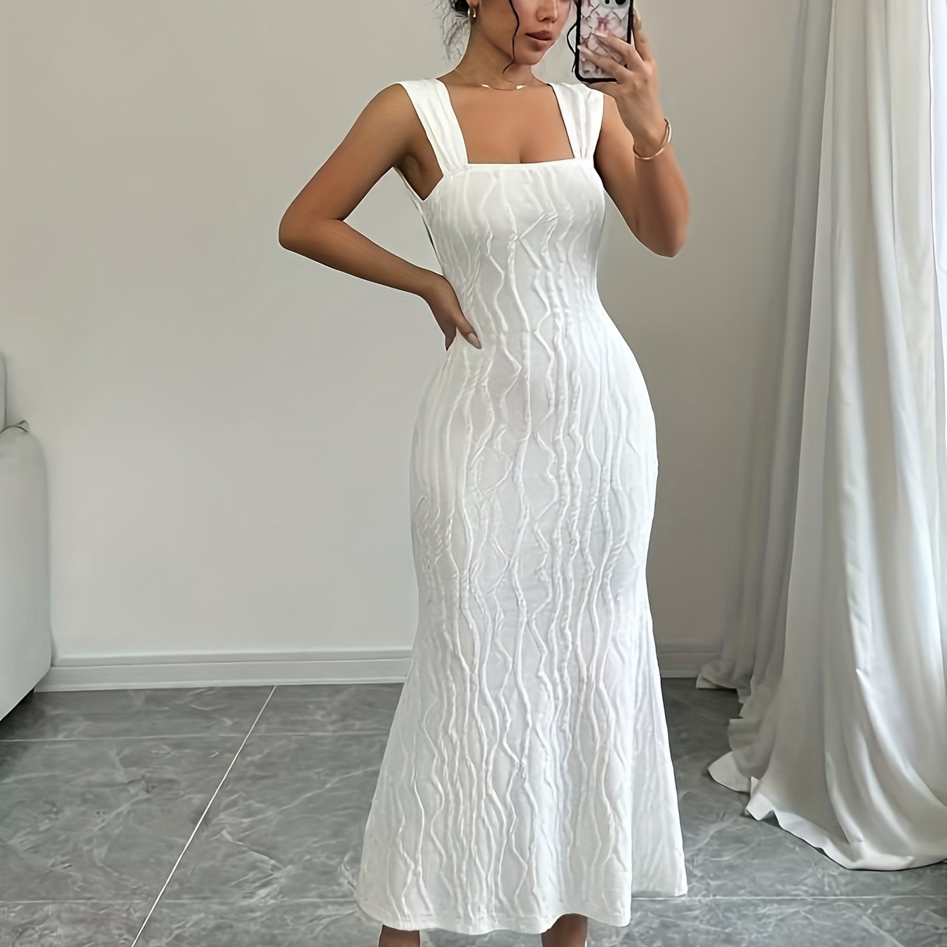 Elegant White Fishtail Hem Maxi Dress - Sleeveless Bodycon with Square Neckline & Backless Design, Stretchy Polyester Blend for Women, Perfect for Spring/Summer