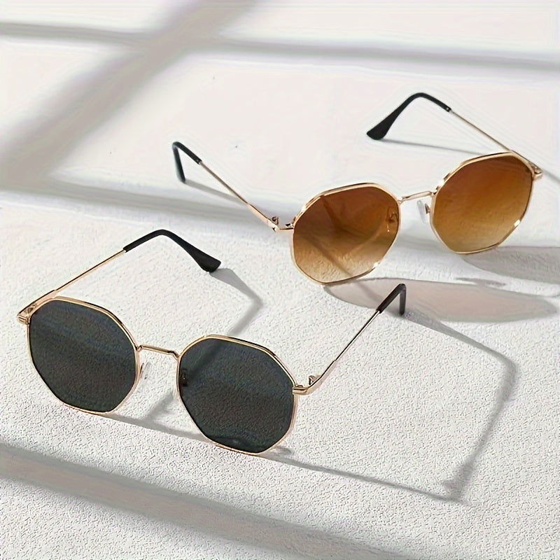 2pcs of Metal Polygon Round Frame Women'S Fashion Classic Black, Tea Two-In-One Set Stylish Outfit Decorative Glasses