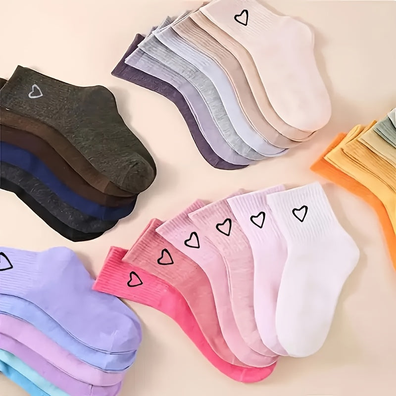 10 Pairs of Mixed Color Colorful Love Couple Short Socks-JM-Couple Cute Simple, Breathable, Fashionable and Versatile, Heart Pattern Socks