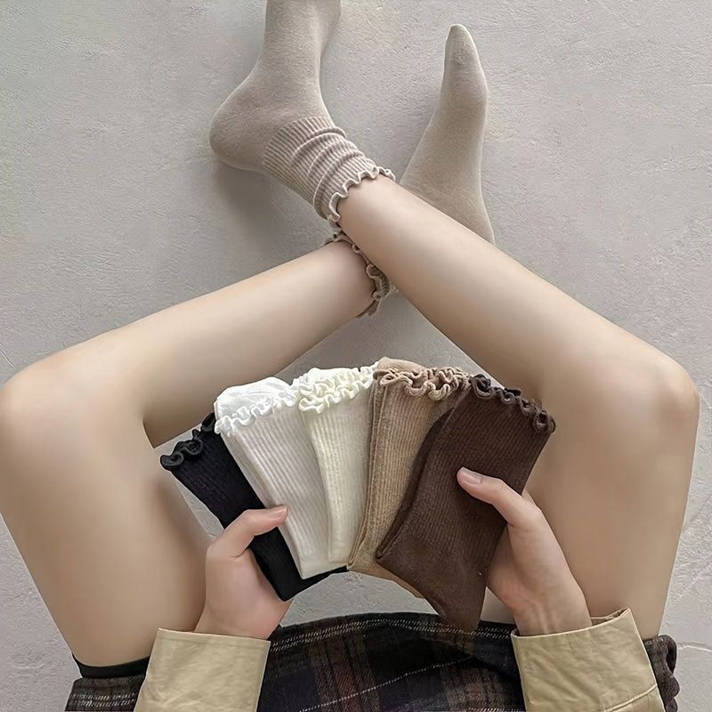 6 Pairs Women's Solid Color Mid-Calf Socks with Ruffled Trim - Soft Stackable Ribbed Texture, 6 Neutral Tones for Casual & Formal Outfits, Comfortable Casual Attire, Cute Socks, Elegant Sock Design