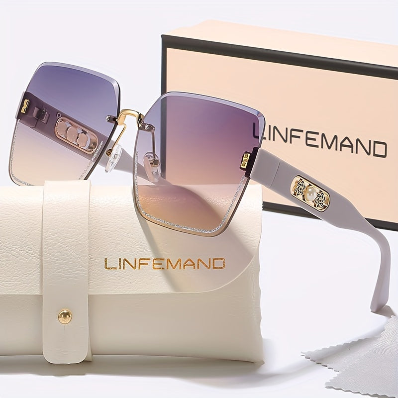 LINFEMAND Frameless Gradient Fashion Eyeglasses, Pearl Flower Decoration, PC Polycarbonate Lens, Plastic Frame, with Case, for Men, Women, Summer, Festival Gift