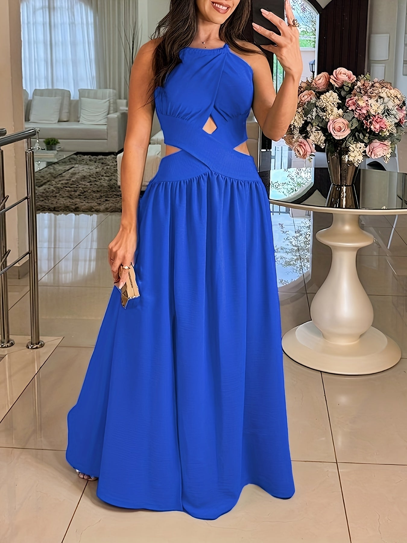 Elegant Off-Shoulder Green Maxi Dress with Cross-Tie Detail, Sleeveless Ruched Summer Dress for Women, Perfect for Parties and Formal Events, Party Evening Wear | Smooth Glossy Fabric