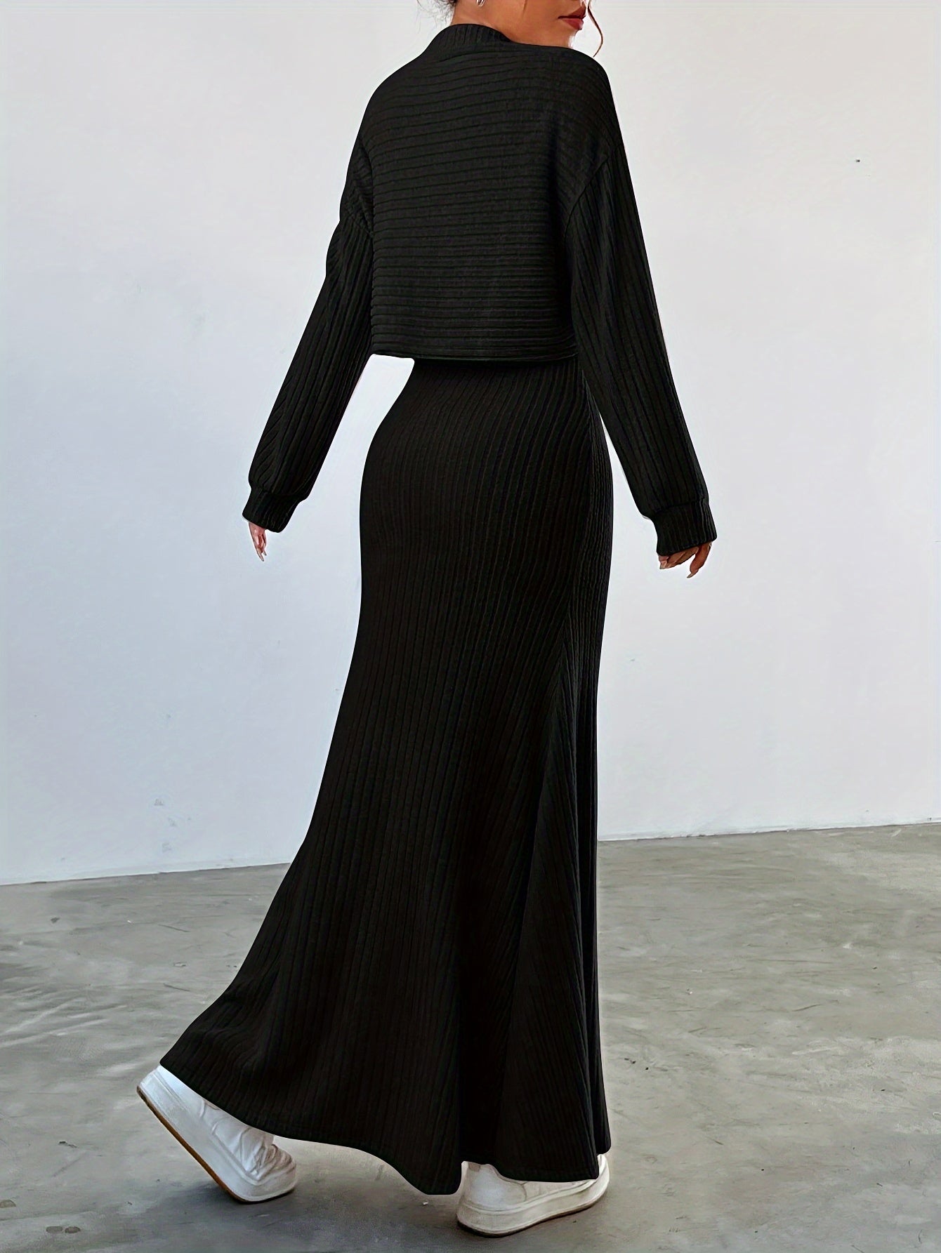 Elegant Ribbed Dress Set - Women's Dress Suits with Crew Neck Long Sleeve Top & Maxi Tank Dress Outfits, Soft Solid Color, Comfortable, Versatile, and Chic Clothing for Everyday Wear