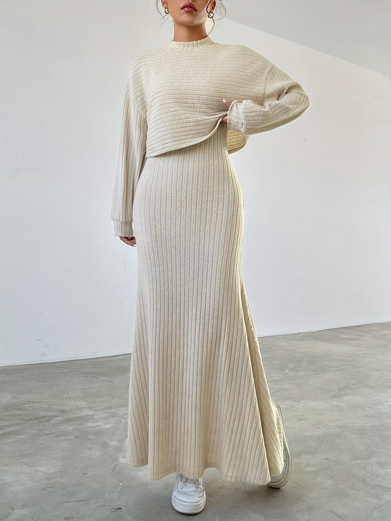 Elegant Ribbed Dress Set - Women's Dress Suits with Crew Neck Long Sleeve Top & Maxi Tank Dress Outfits, Soft Solid Color, Comfortable, Versatile, and Chic Clothing for Everyday Wear