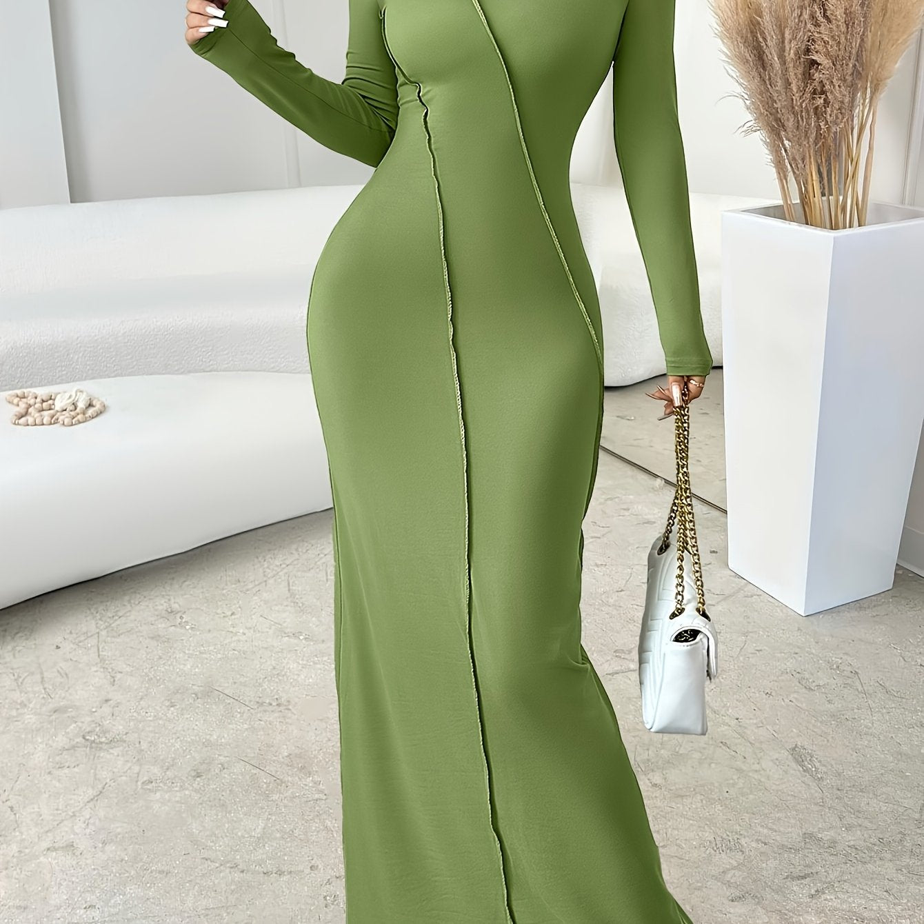 Elegant Green Long Sleeve Maxi Dress for Women - Slim Fit, Crew Neck with Zipper Detail, Stretch Polyester Fabric, Perfect for Fall, Machine Washable