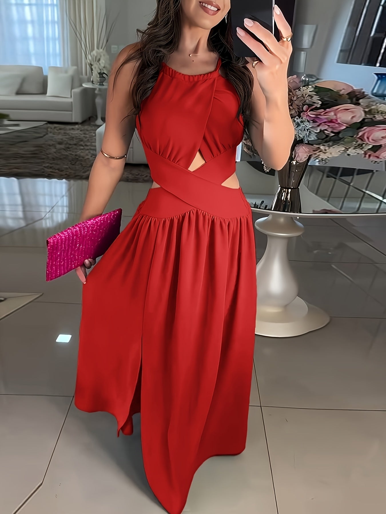 Elegant Off-Shoulder Green Maxi Dress with Cross-Tie Detail, Sleeveless Ruched Summer Dress for Women, Perfect for Parties and Formal Events, Party Evening Wear | Smooth Glossy Fabric