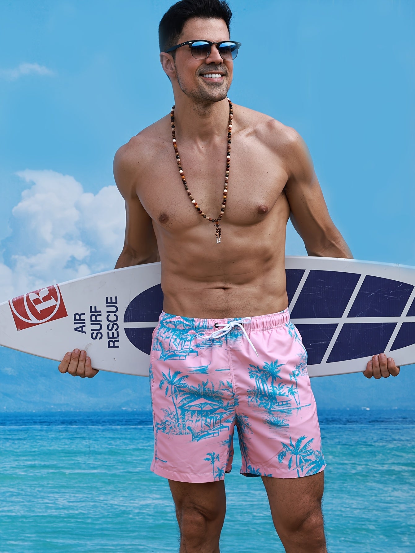 Men'S Pink Beach Shorts with Tropical Palm Print - Non-Stretch Polyester, Lightweight, Regular Fit, Pockets, Vacation Style, Beach Attire|Tropical Print Shorts|Lightweight Shorts
