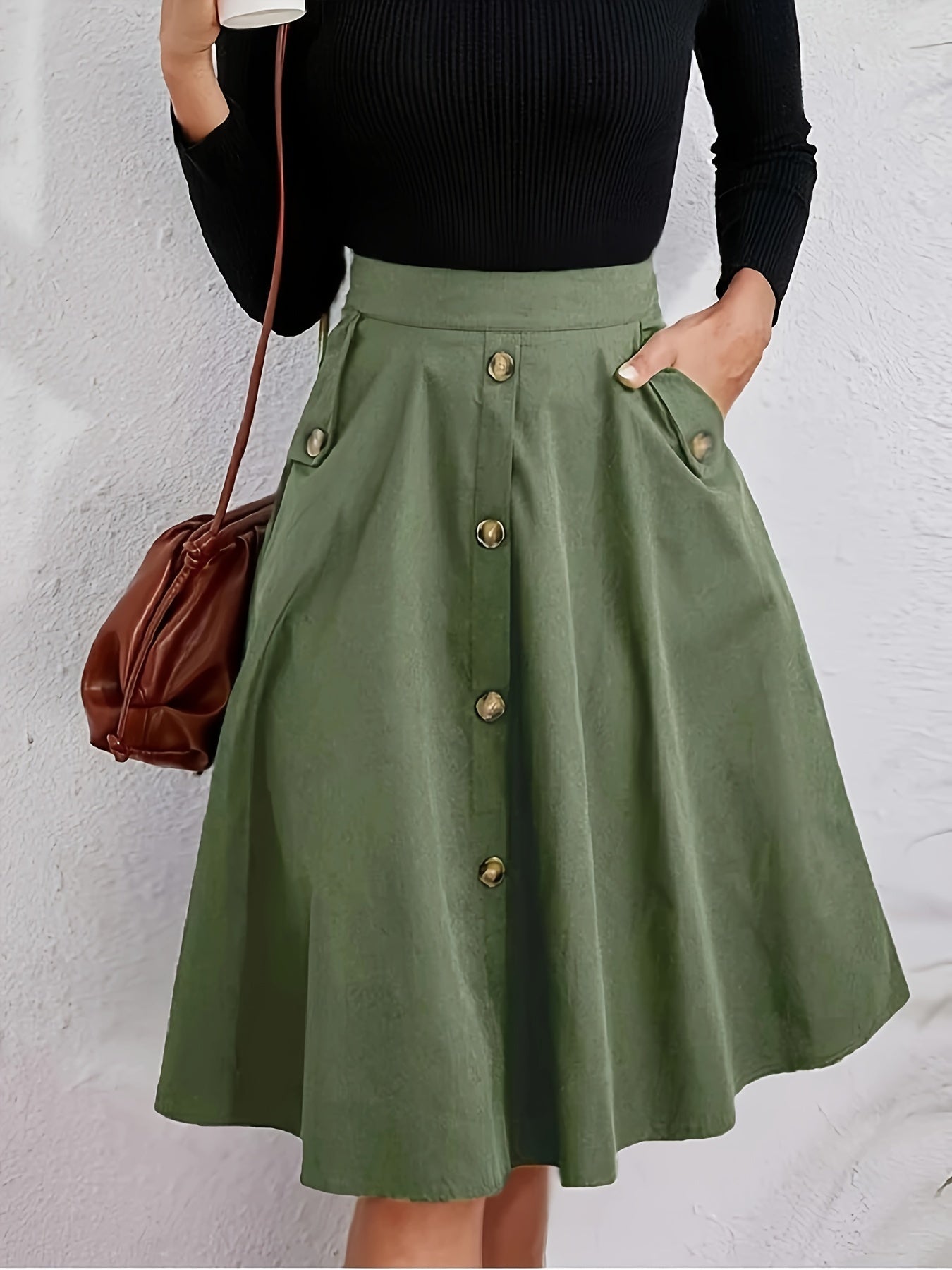 Elegant Solid Color Midi Skirt with Pockets - High Waist, Non-Stretch Polyester, Machine Washable - Perfect for All Seasons