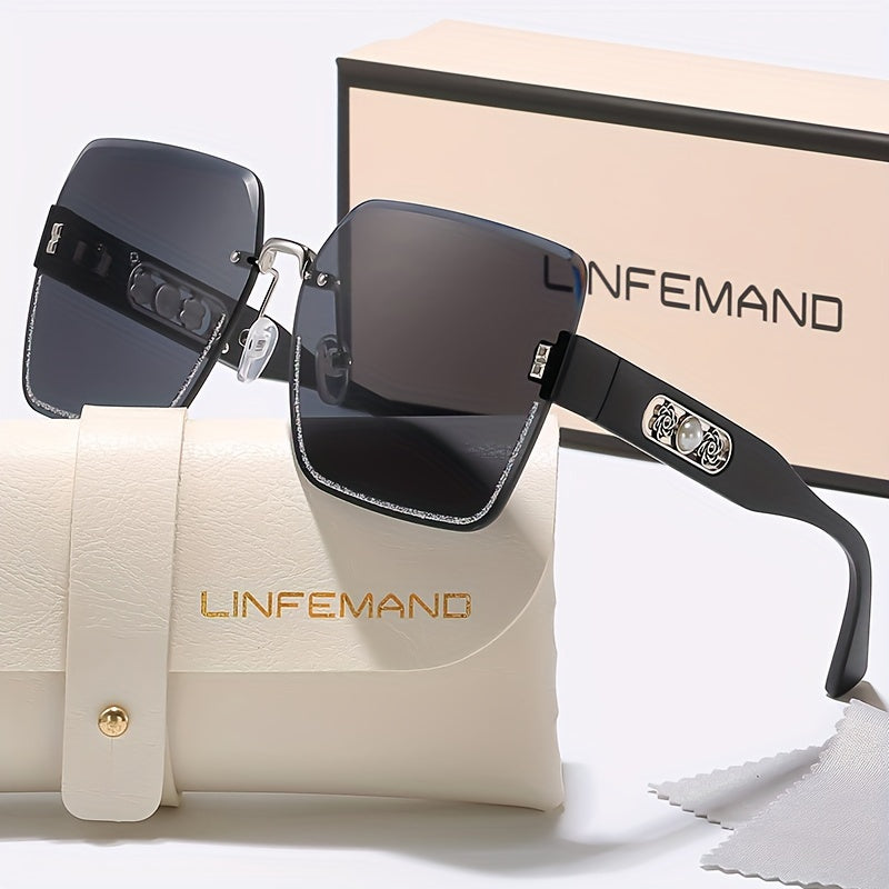 LINFEMAND Frameless Gradient Fashion Eyeglasses, Pearl Flower Decoration, PC Polycarbonate Lens, Plastic Frame, with Case, for Men, Women, Summer, Festival Gift