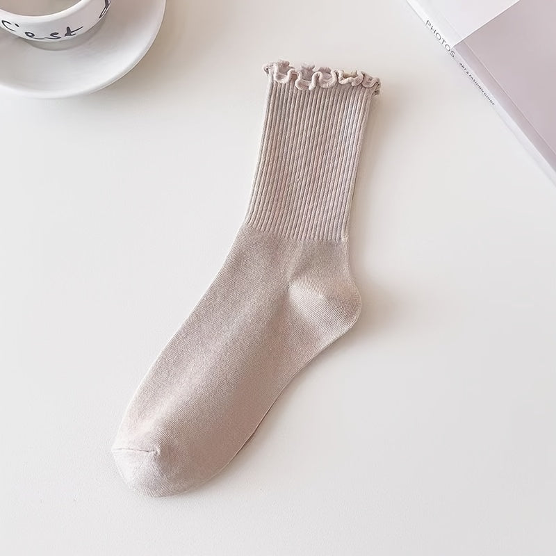 6 Pairs Women's Solid Color Mid-Calf Socks with Ruffled Trim - Soft Stackable Ribbed Texture, 6 Neutral Tones for Casual & Formal Outfits, Comfortable Casual Attire, Cute Socks, Elegant Sock Design