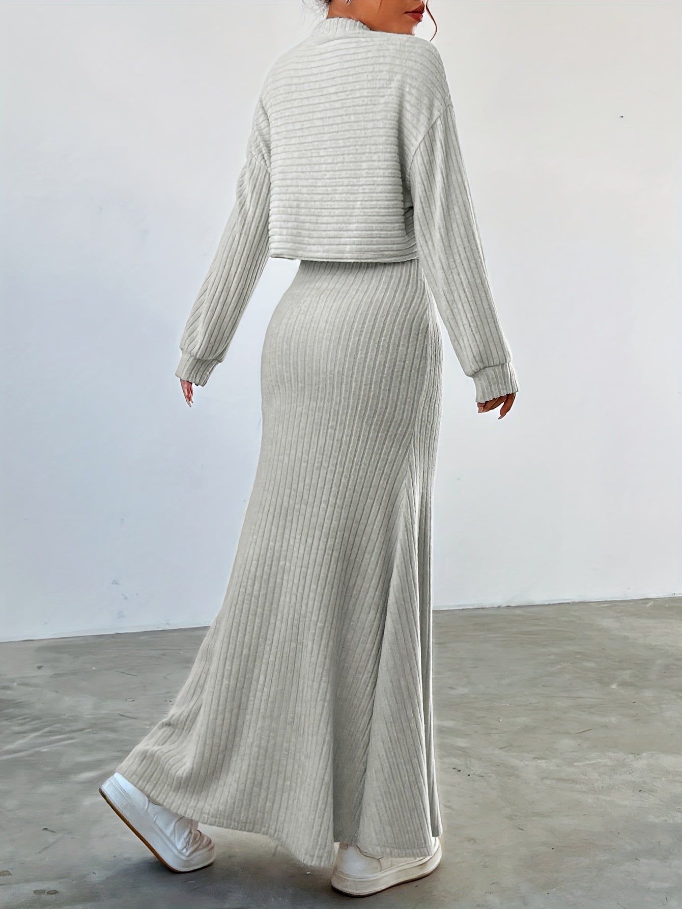 Elegant Ribbed Dress Set - Women's Dress Suits with Crew Neck Long Sleeve Top & Maxi Tank Dress Outfits, Soft Solid Color, Comfortable, Versatile, and Chic Clothing for Everyday Wear
