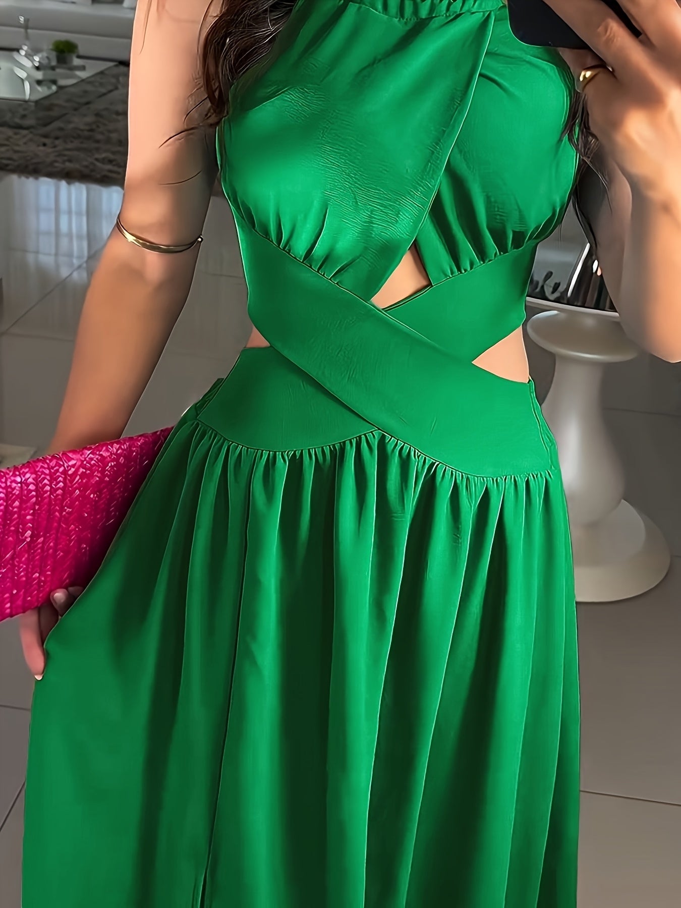 Elegant Off-Shoulder Green Maxi Dress with Cross-Tie Detail, Sleeveless Ruched Summer Dress for Women, Perfect for Parties and Formal Events, Party Evening Wear | Smooth Glossy Fabric