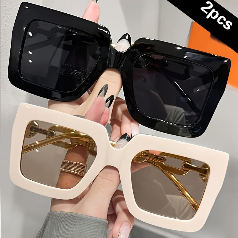 2pcs Luxury Oversized Fashion Glasses Women's Large Frame Square Fashion Glasses Party, Eyewear