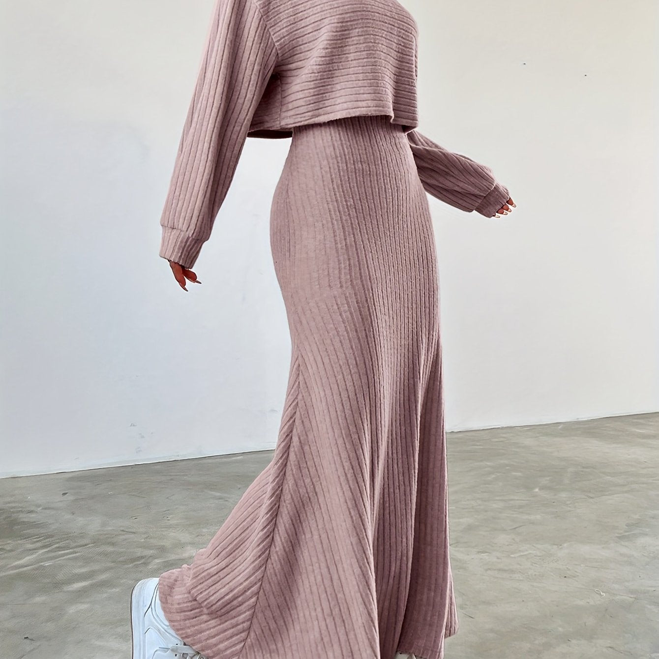 Elegant Ribbed Dress Set - Women's Dress Suits with Crew Neck Long Sleeve Top & Maxi Tank Dress Outfits, Soft Solid Color, Comfortable, Versatile, and Chic Clothing for Everyday Wear