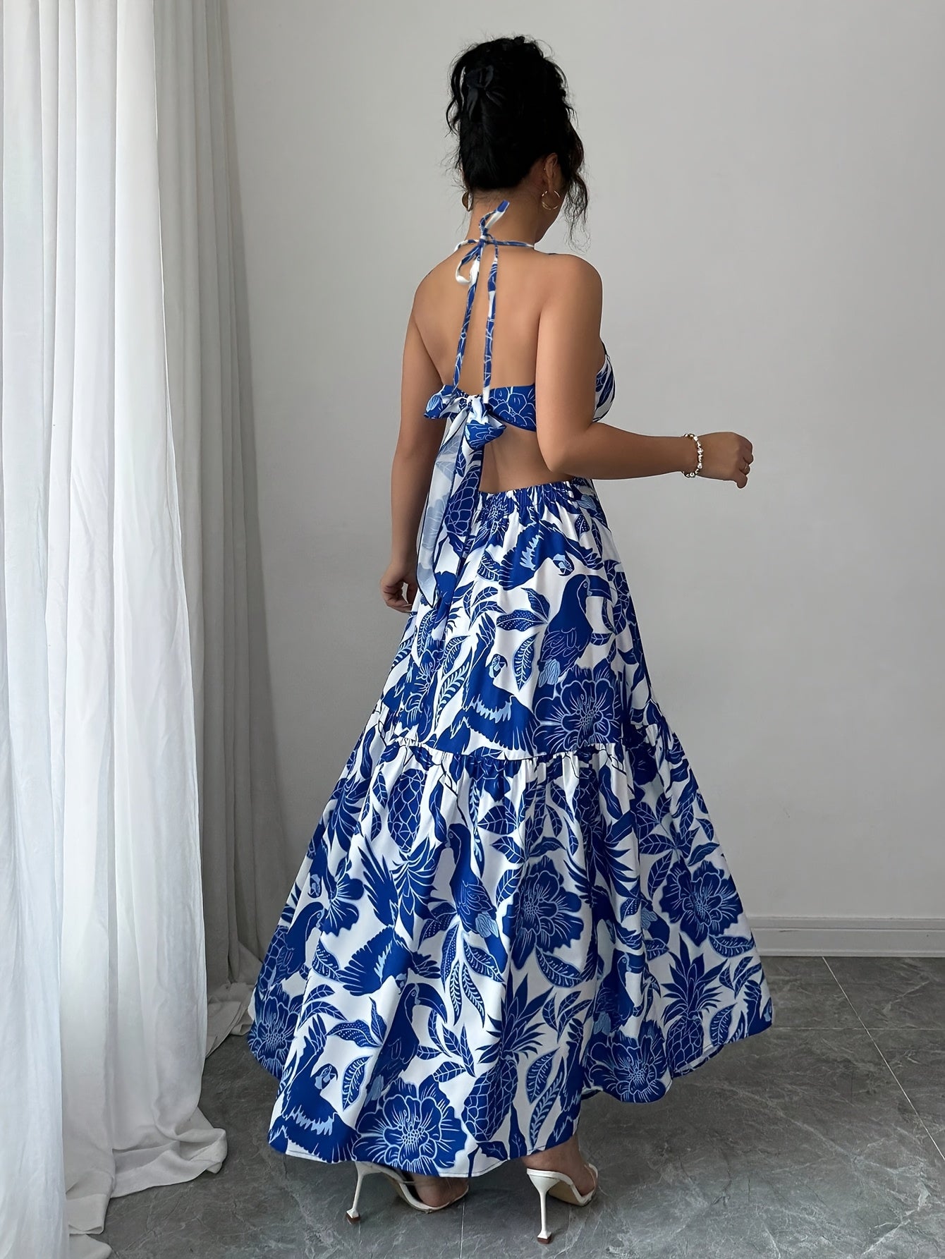 Women's Floral Print Sleeveless Maxi Dress - Blue & White Tropical Design, V-Neck with Front Cutout, A-Line Silhouette, Perfect for Beach, Seaside, and Party Wear, Beach Fashion | Flowy Skirt, Beach Dress