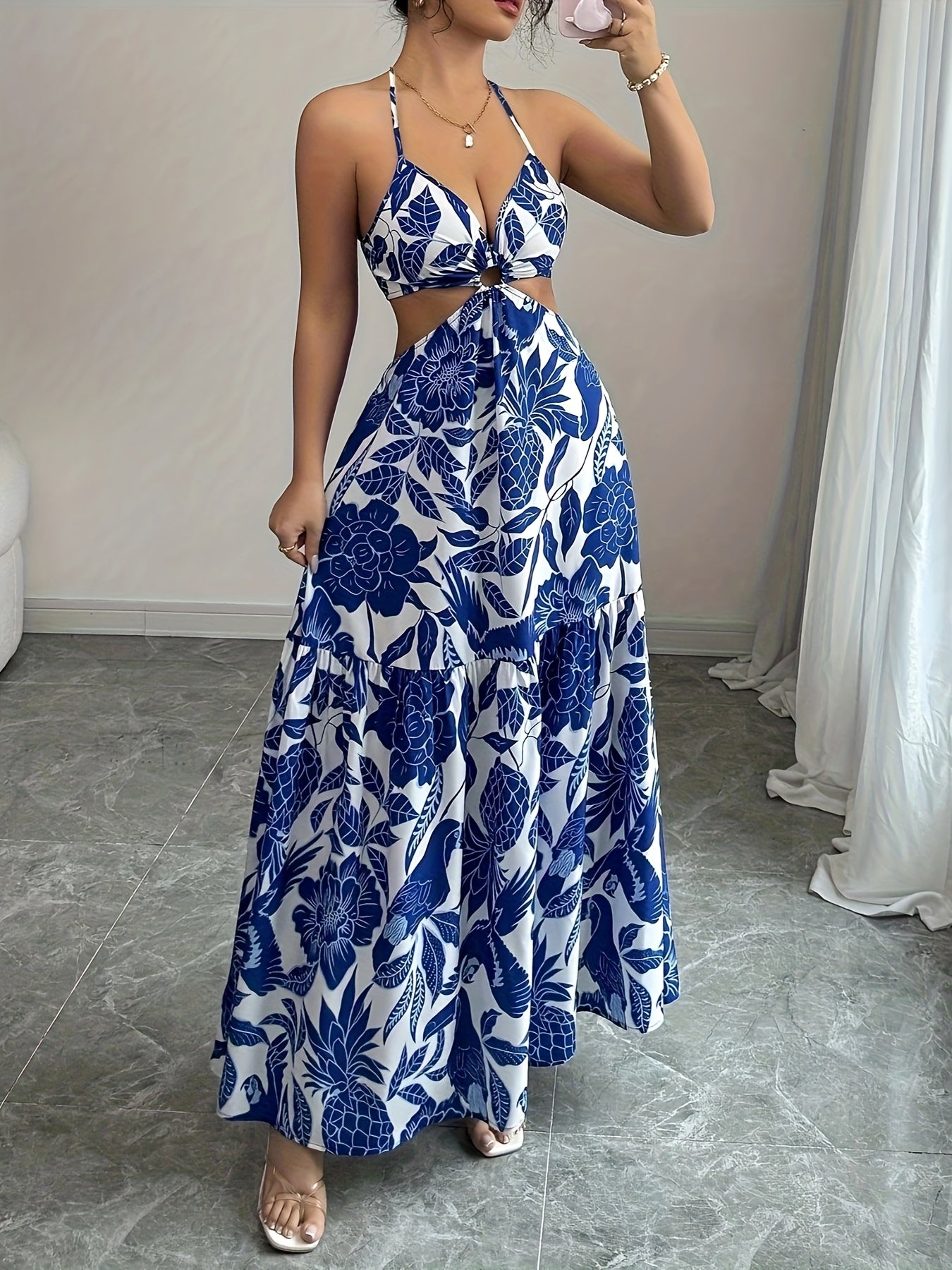 Women's Floral Print Sleeveless Maxi Dress - Blue & White Tropical Design, V-Neck with Front Cutout, A-Line Silhouette, Perfect for Beach, Seaside, and Party Wear, Beach Fashion | Flowy Skirt, Beach Dress