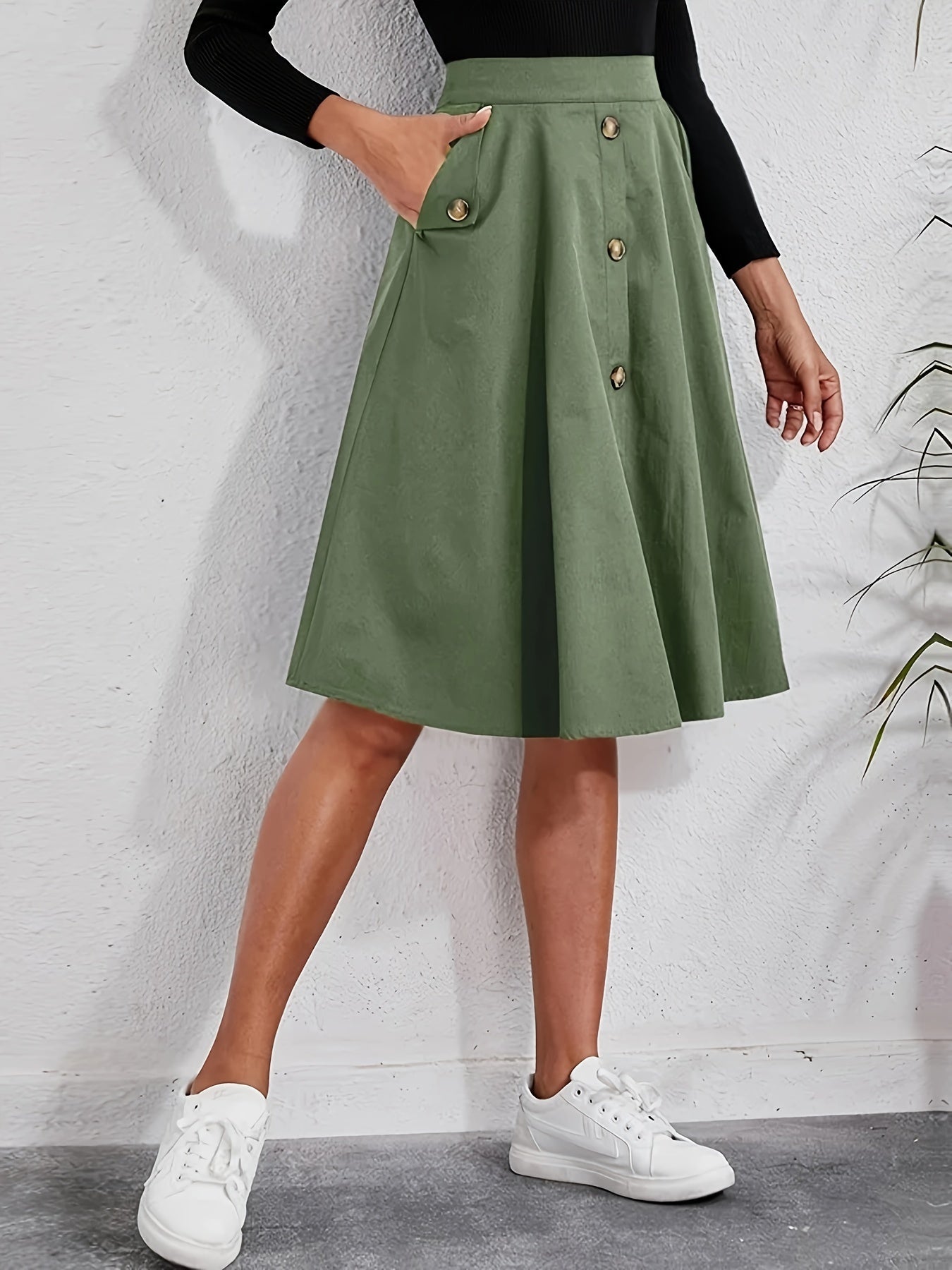 Elegant Solid Color Midi Skirt with Pockets - High Waist, Non-Stretch Polyester, Machine Washable - Perfect for All Seasons