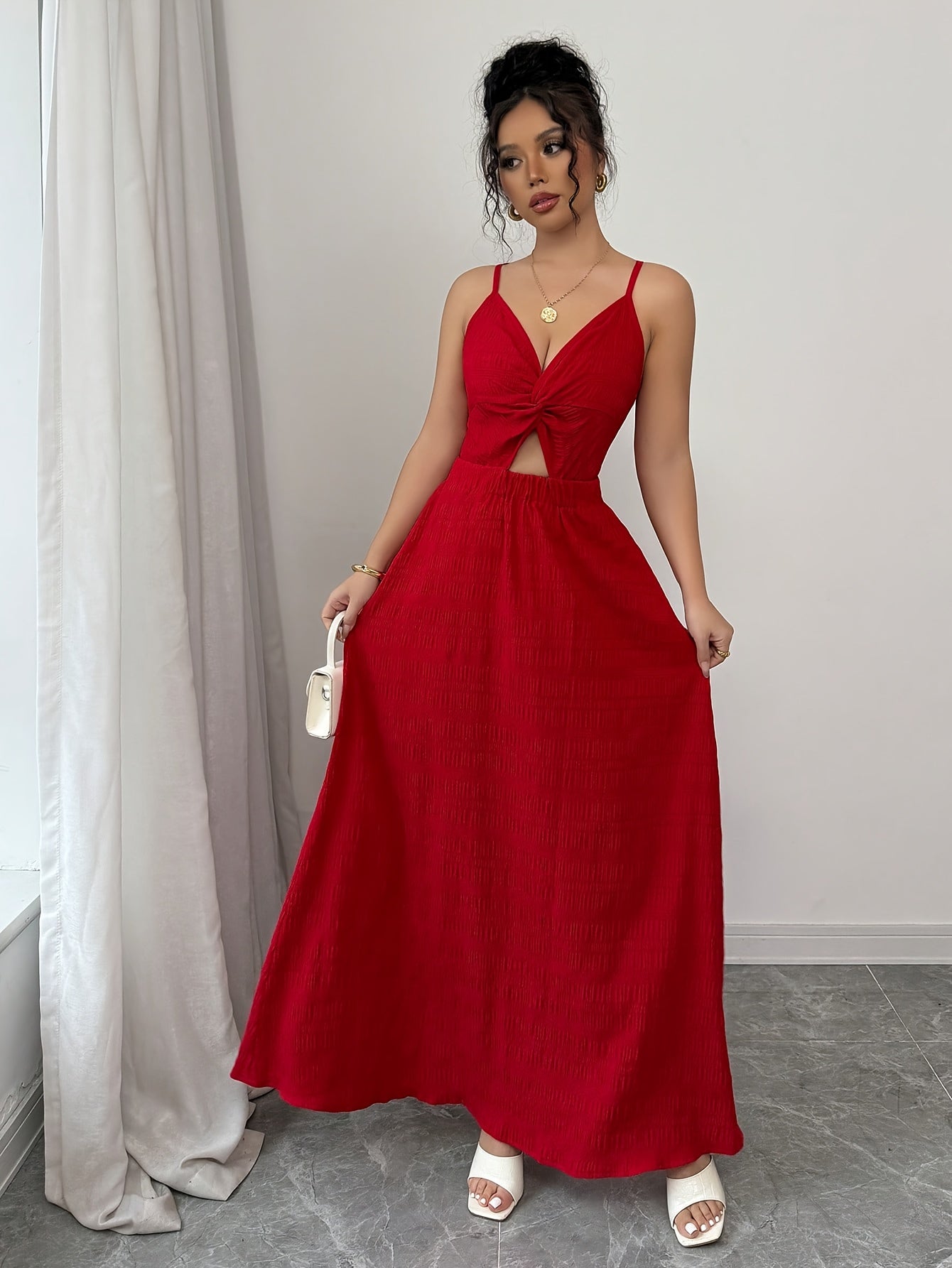 Elegant Red Halter Neck Maxi Dress with V-Neckline and Tie-Up Detail - Perfect for Spring/Summer, Adult, Elegant Attire|Vneckline Dress|Strapless Design