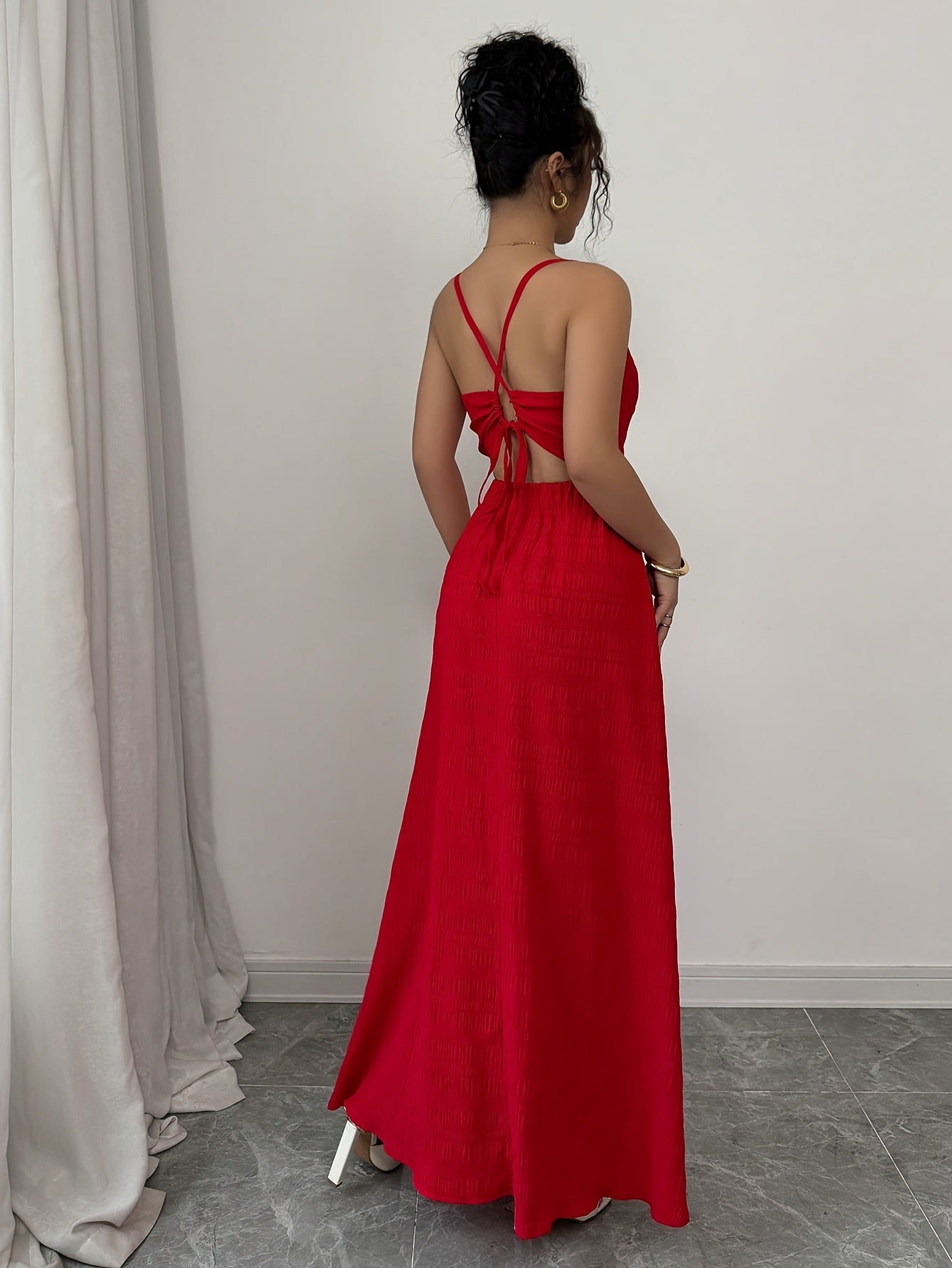Elegant Red Halter Neck Maxi Dress with V-Neckline and Tie-Up Detail - Perfect for Spring/Summer, Adult, Elegant Attire|Vneckline Dress|Strapless Design