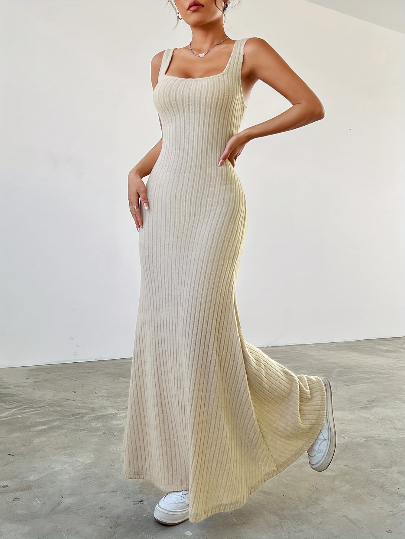 Elegant Ribbed Dress Set - Women's Dress Suits with Crew Neck Long Sleeve Top & Maxi Tank Dress Outfits, Soft Solid Color, Comfortable, Versatile, and Chic Clothing for Everyday Wear