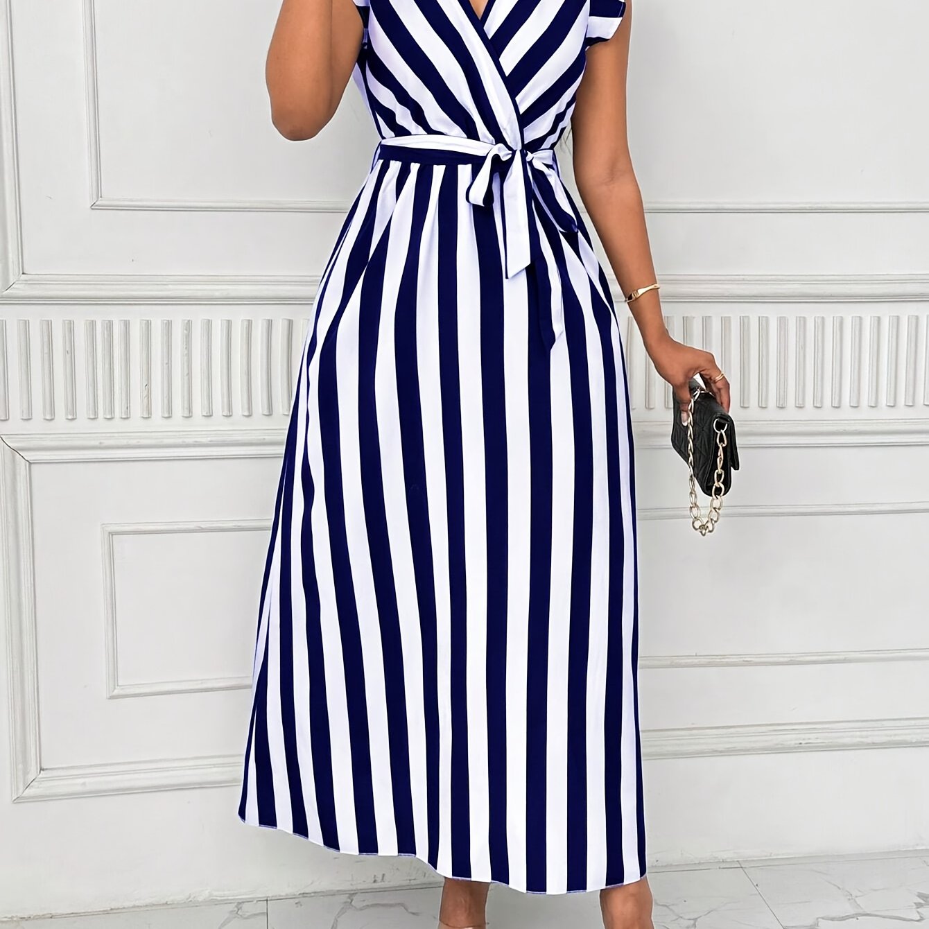 Women's V-Neck Striped Maxi Dress | Polyester A-Line with Ruffle Sleeves and Tie Waist Belt | All-Season, Machine Washable | Elegant Blue & White Vertical Stripes | Casual to Formal Wear