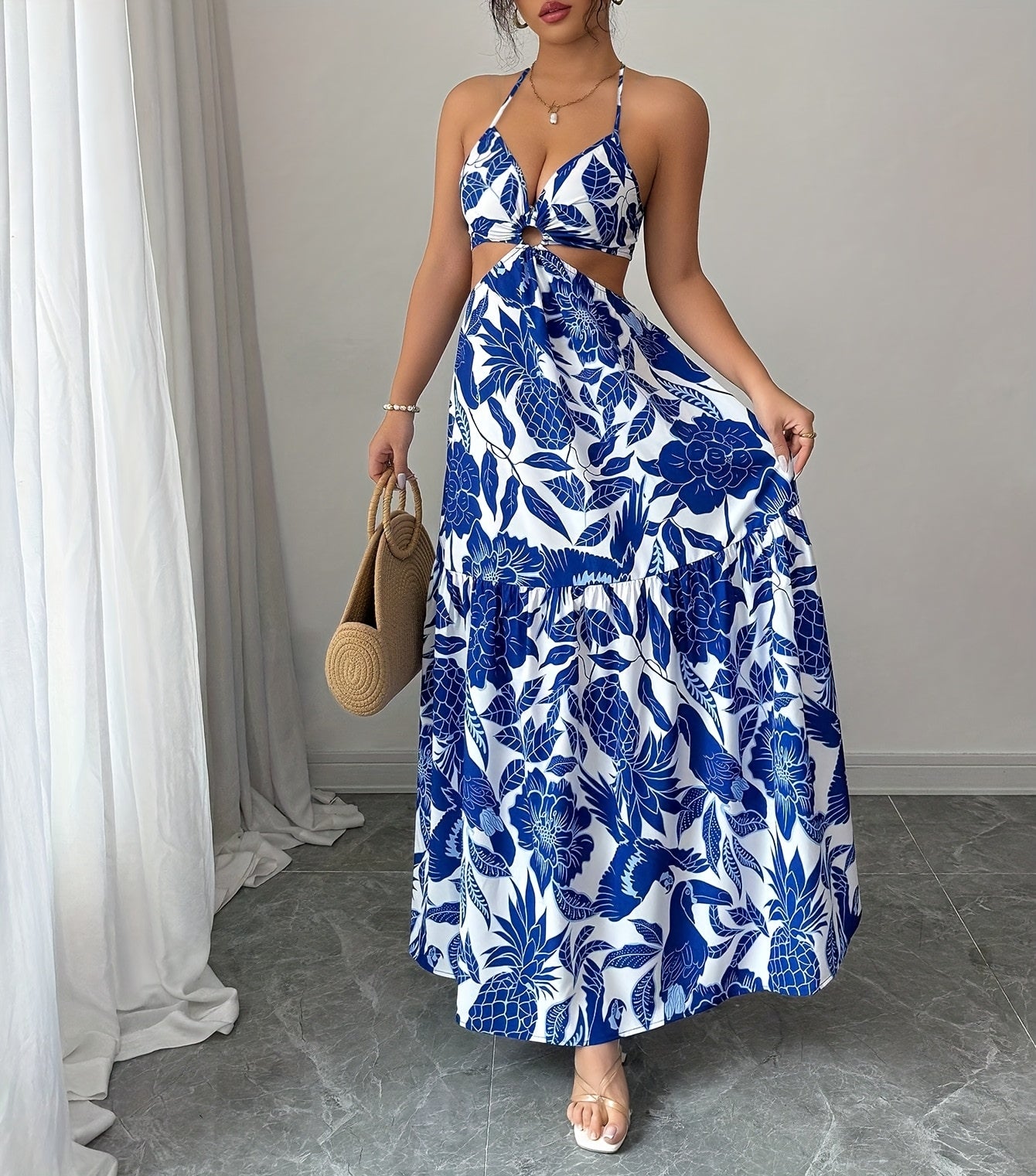 Women's Floral Print Sleeveless Maxi Dress - Blue & White Tropical Design, V-Neck with Front Cutout, A-Line Silhouette, Perfect for Beach, Seaside, and Party Wear, Beach Fashion | Flowy Skirt, Beach Dress