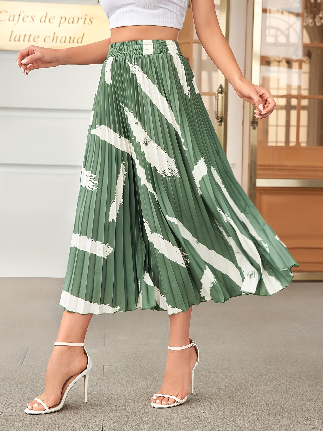 Women'S Elegant Flared Pleated Maxi Dress, All Over Print, Polyester, Regular Length, Loose Fit, for Spring, Summer, Fall