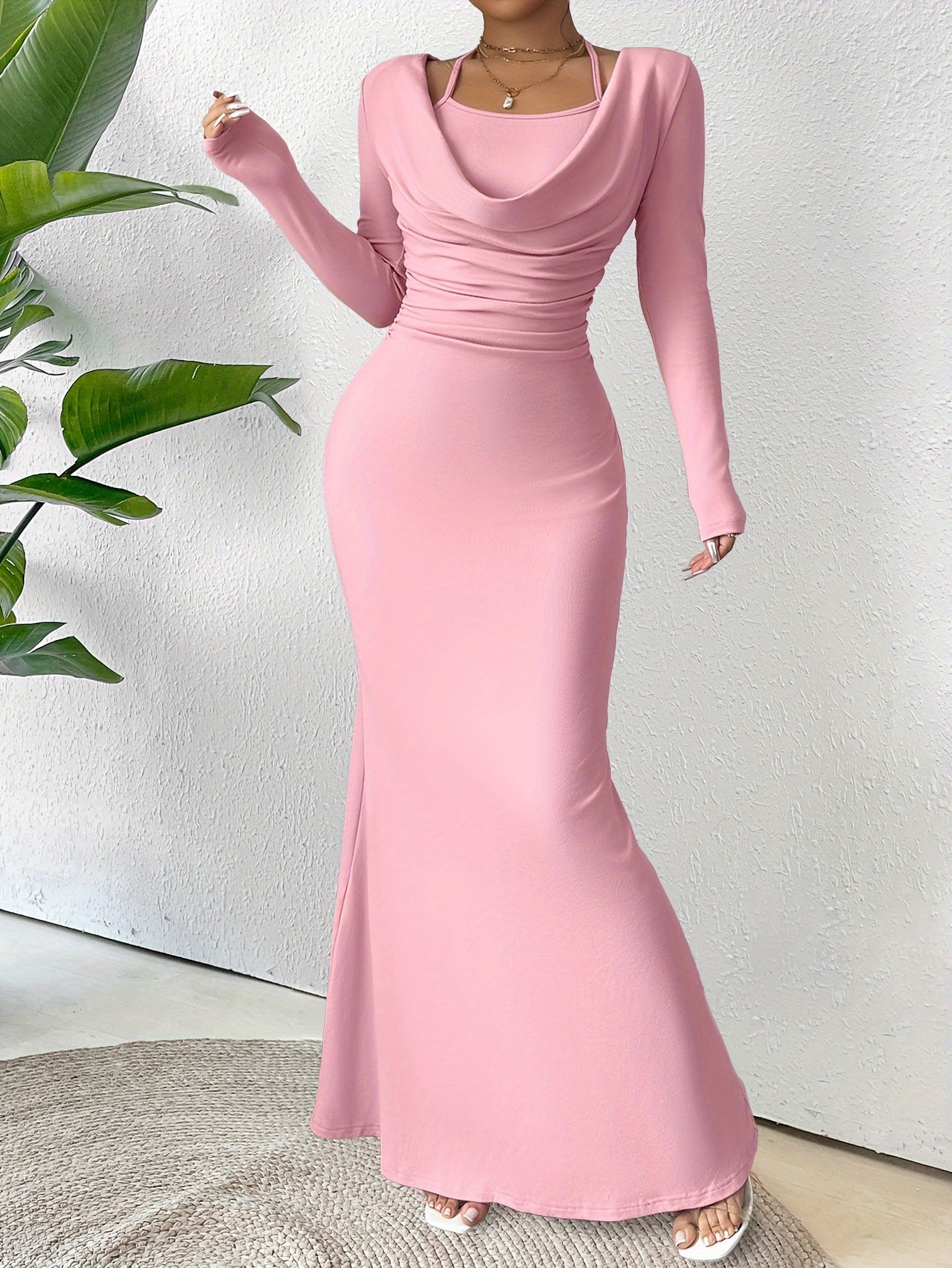 Elegant Women's Pink Maxi Dress with Cold Shoulder Long Sleeves and Ruched Bodycon Fit - Polyester Blend, Cowl Neck, Machine Washable, Elegant Attire | Sophisticated Style | Knitted Fabric, Cute Dress