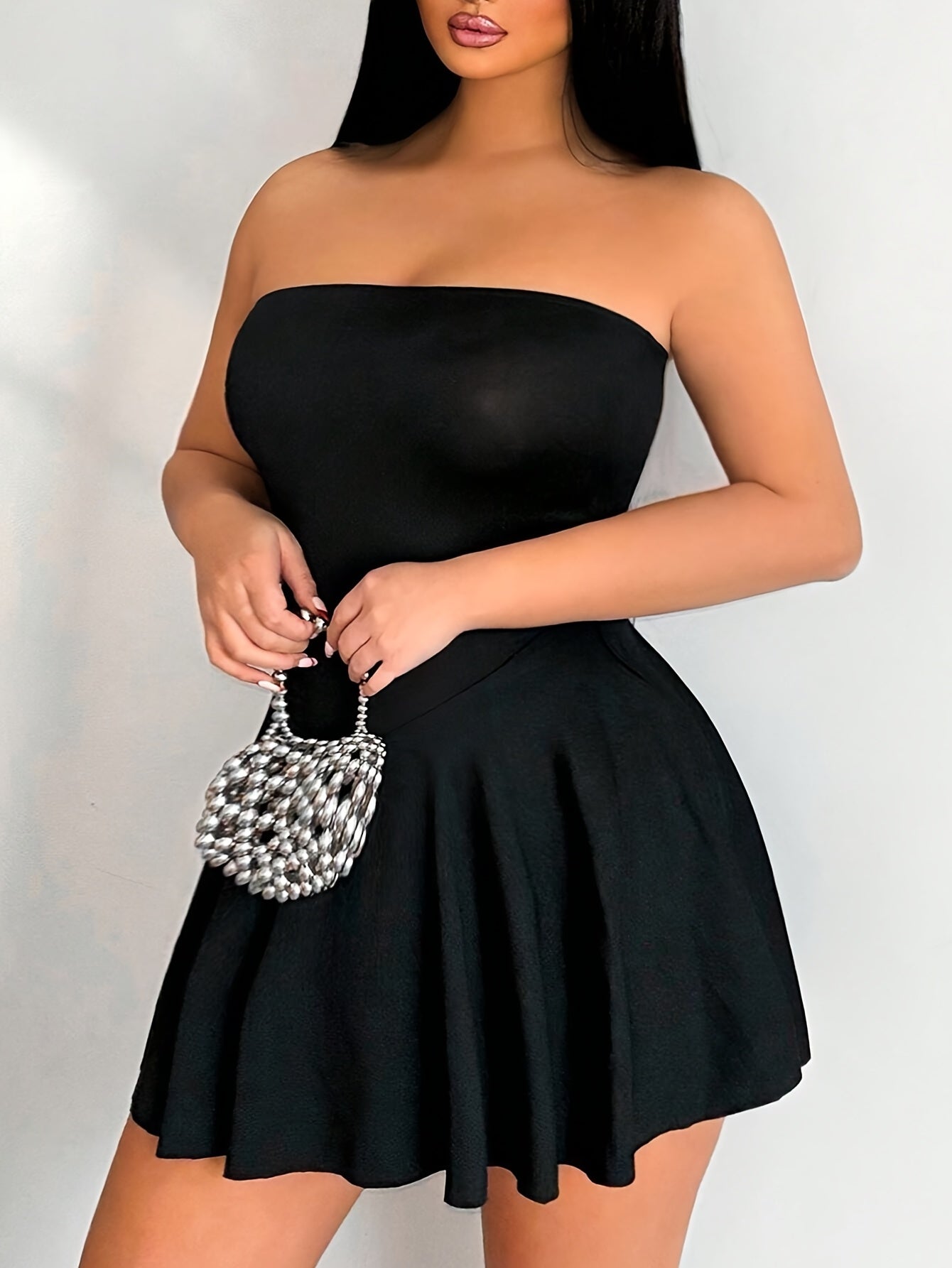 Women's Elegant Strapless Bodycon Mini Dress - Form-Fitting Top & Flowy Skirt, Stretchy Machine-Washable Black Dress for Spring/Summer, Party or Casual Outfits, Party Attire | Flared Skirt Style | Medium Elasticity