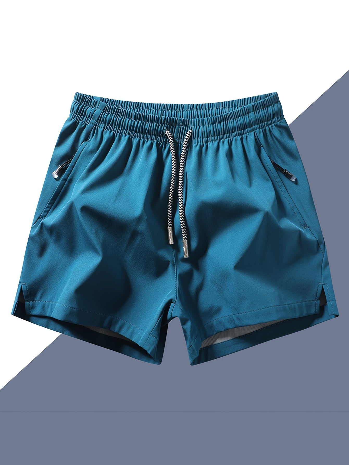 Men's Quick-Dry Athletic Shorts - Lightweight, Loose Fit with Zipper Pockets, Drawstring Waist, Solid Black Polyester Blend, Ideal for Beach & Casual Wear