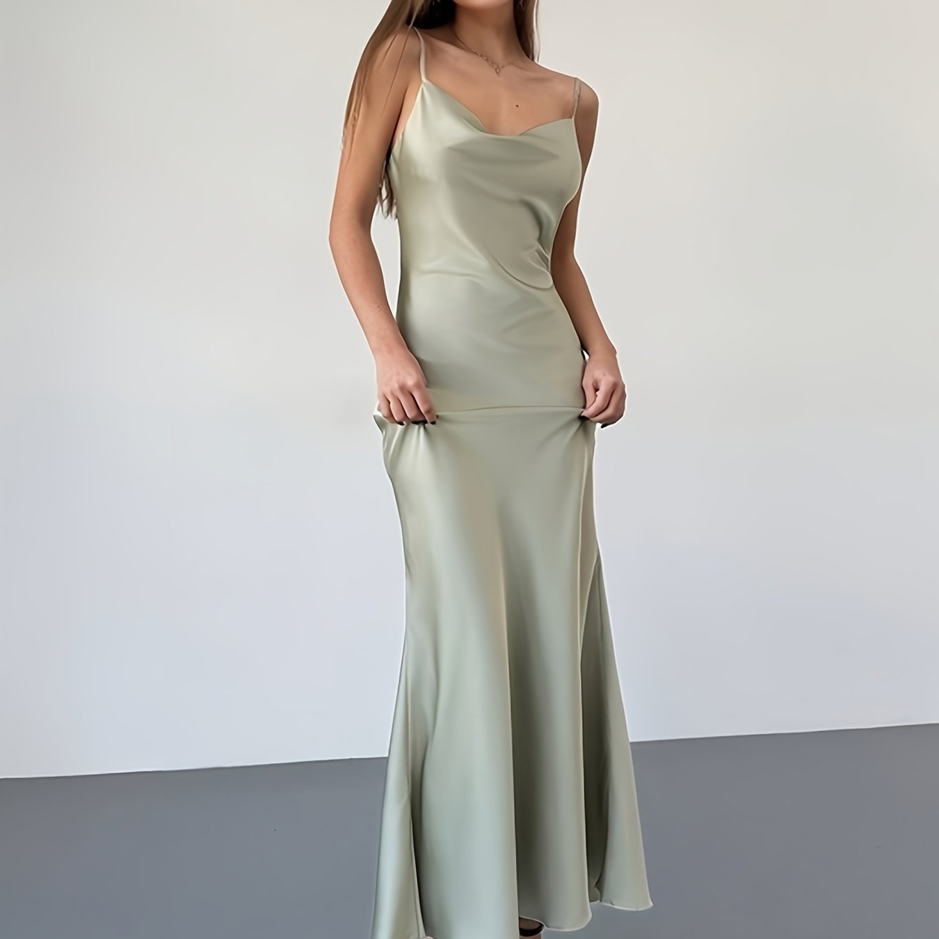 Elegant Backless Glossy Satin Maxi Dress with 3D Floral Detail - Draped Neck, Long Mermaid Hem, Sleeveless for Weddings, Parties & Dates, Light Green, A-Line Silhouette, Formal Evening Attire | Sleek Fitted Dress | Glossy Fab