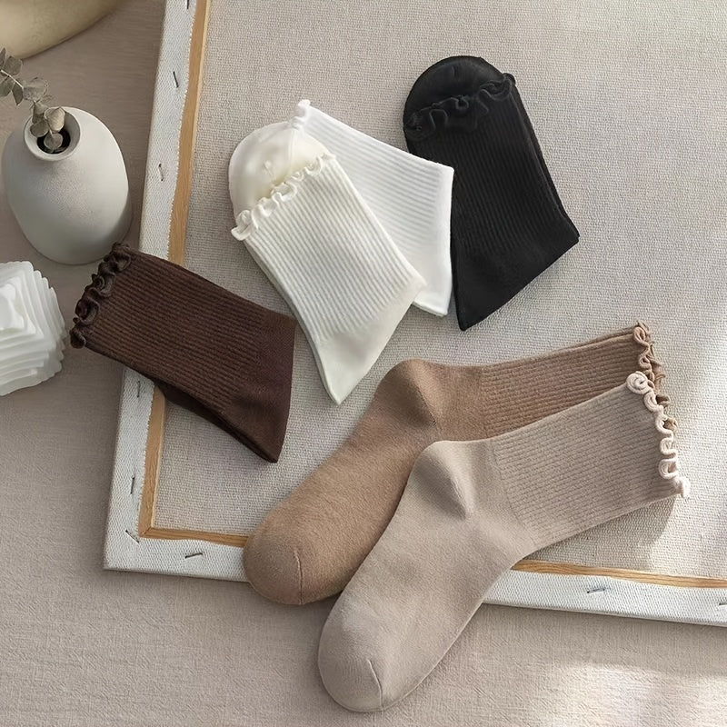 6 Pairs Women's Solid Color Mid-Calf Socks with Ruffled Trim - Soft Stackable Ribbed Texture, 6 Neutral Tones for Casual & Formal Outfits, Comfortable Casual Attire, Cute Socks, Elegant Sock Design
