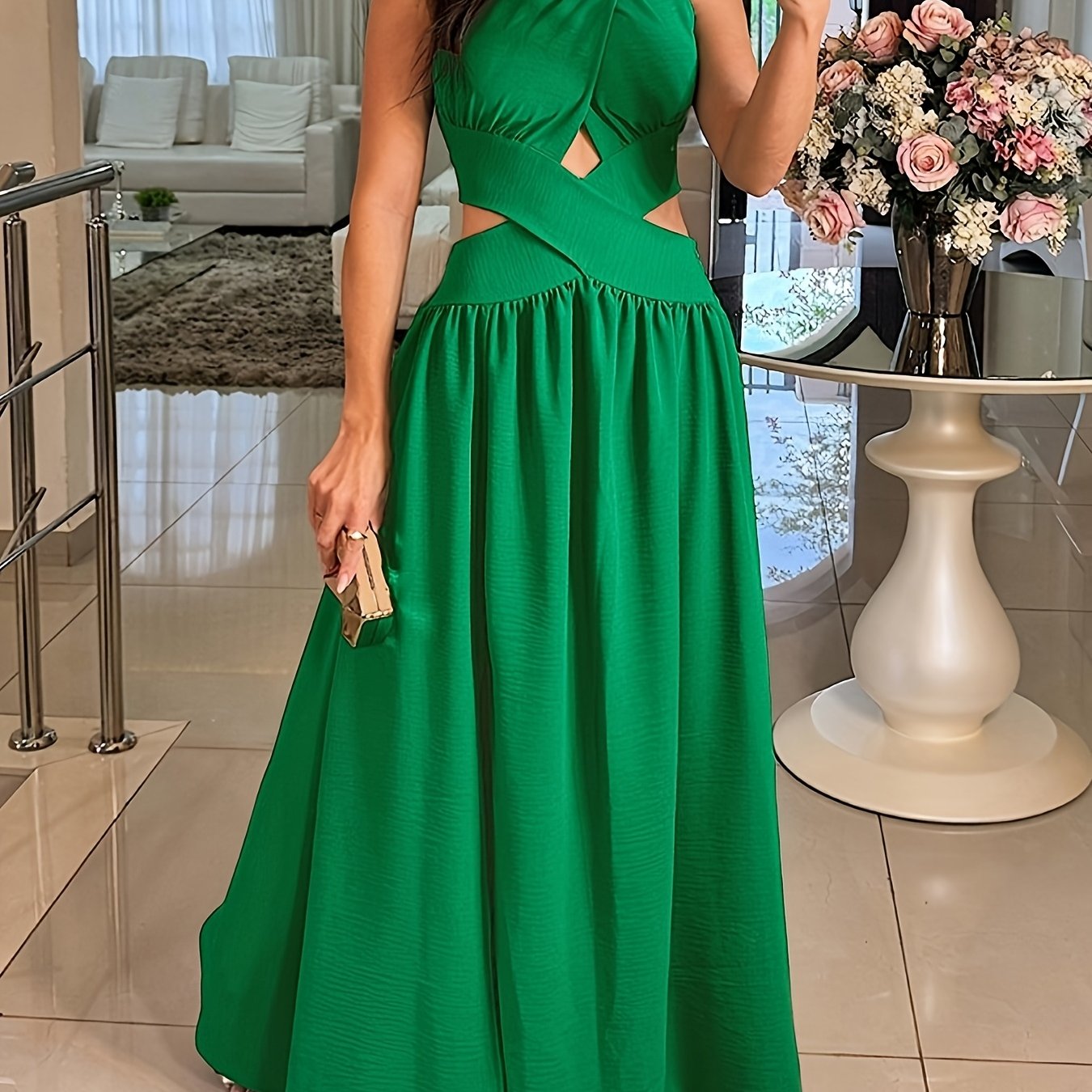Elegant Off-Shoulder Green Maxi Dress with Cross-Tie Detail, Sleeveless Ruched Summer Dress for Women, Perfect for Parties and Formal Events, Party Evening Wear | Smooth Glossy Fabric