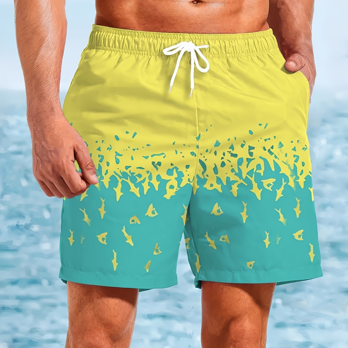 Men'S Beach Shorts Featuring a Colorful 3D Print Design of a Small Shark, Quick-Drying Drawstring Swim Trunks Suitable for Summer Outdoor Activities, Beach Vacations, Swimming, And Surfing (Middle East).
