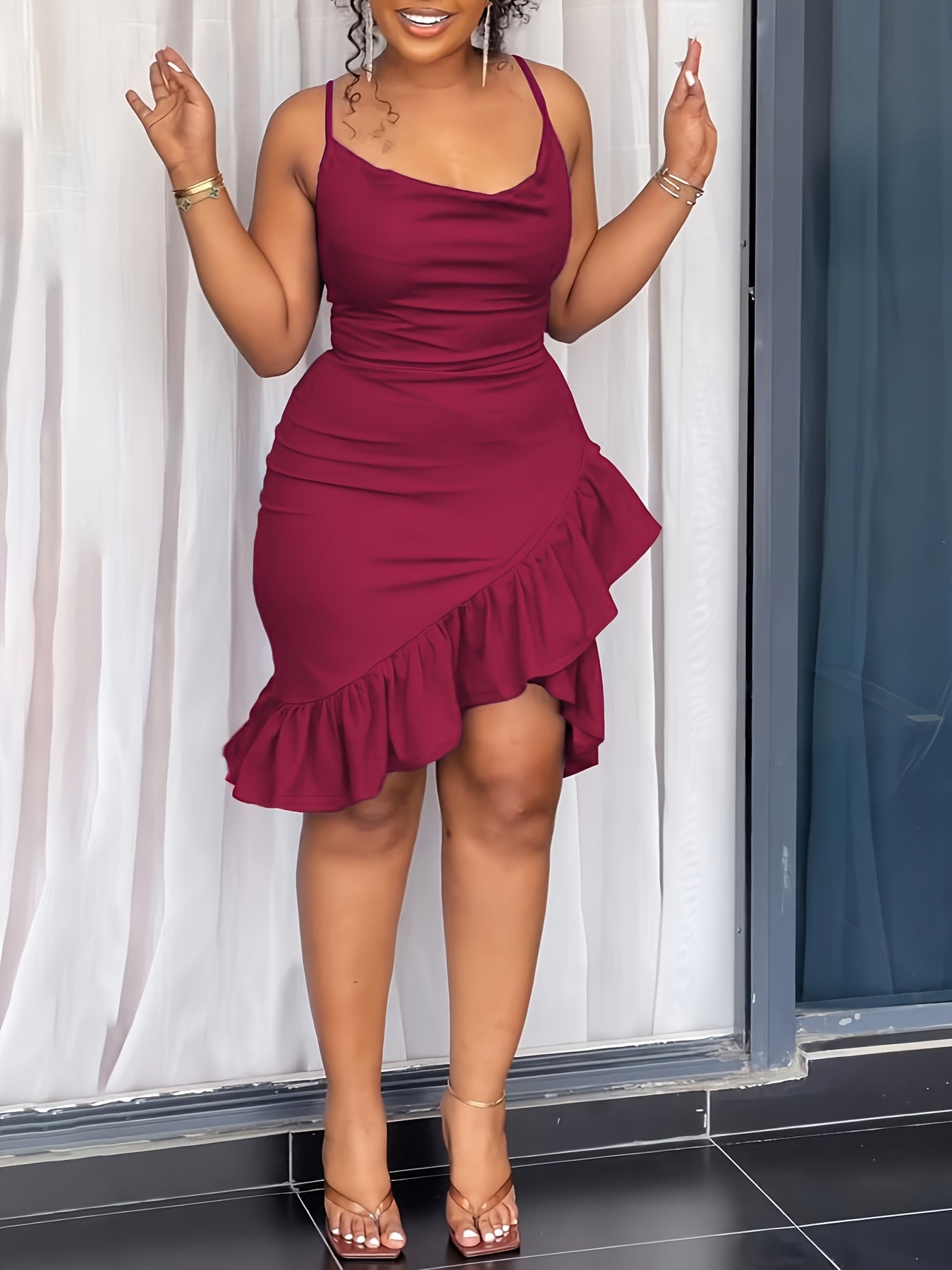 Women'S Elegant Solid Color Spaghetti Strap Bodycon Dress with Ruffle Hem and Back Zipper - Perfect for Vacation and All Seasons, Adult Fashion, Vacation Attire | Ruffle Hem Dress | Back Zipper Dress