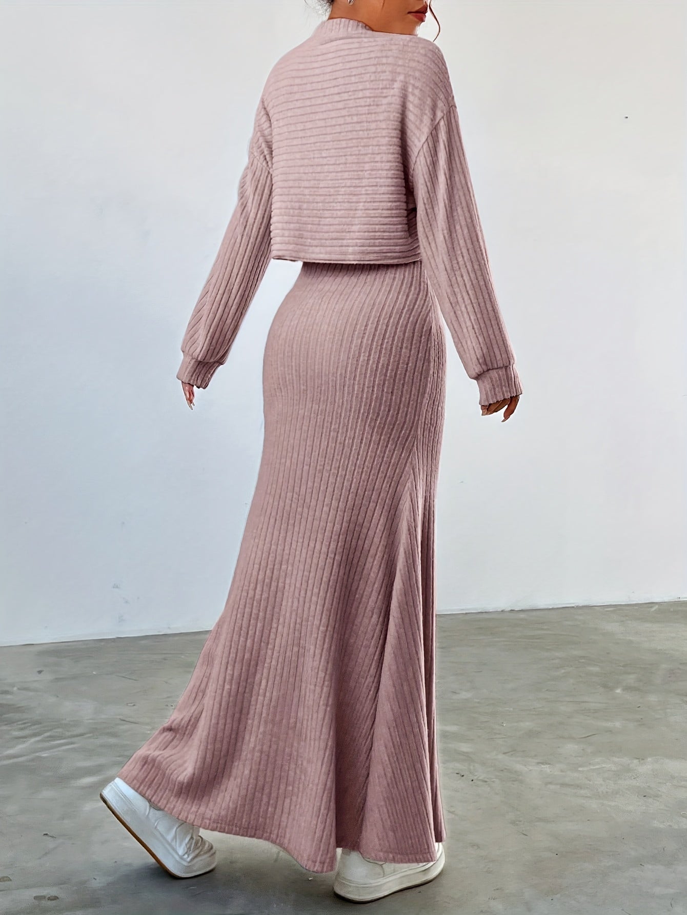 Elegant Ribbed Dress Set - Women's Dress Suits with Crew Neck Long Sleeve Top & Maxi Tank Dress Outfits, Soft Solid Color, Comfortable, Versatile, and Chic Clothing for Everyday Wear